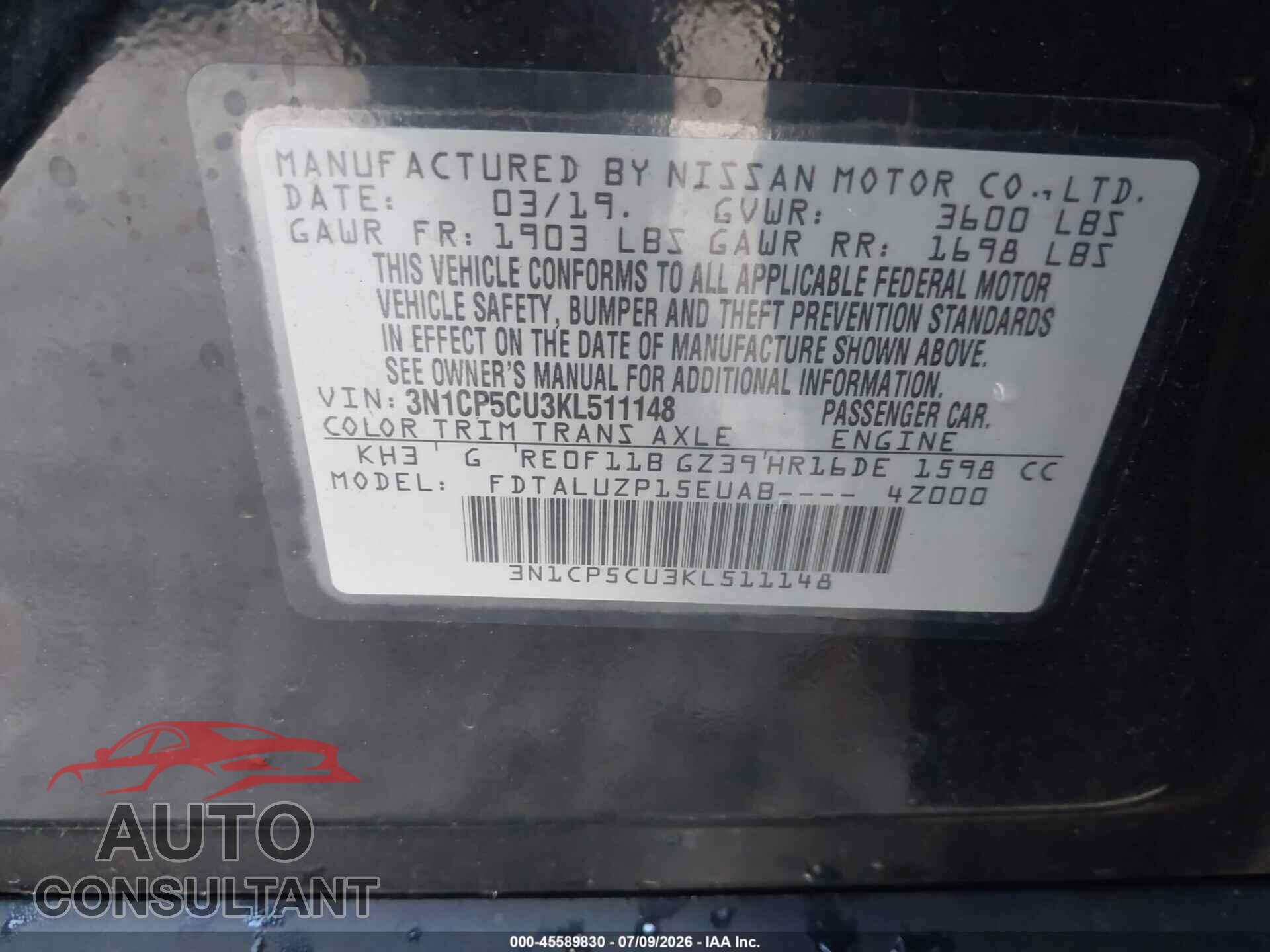 NISSAN KICKS 2019 - 3N1CP5CU3KL511148