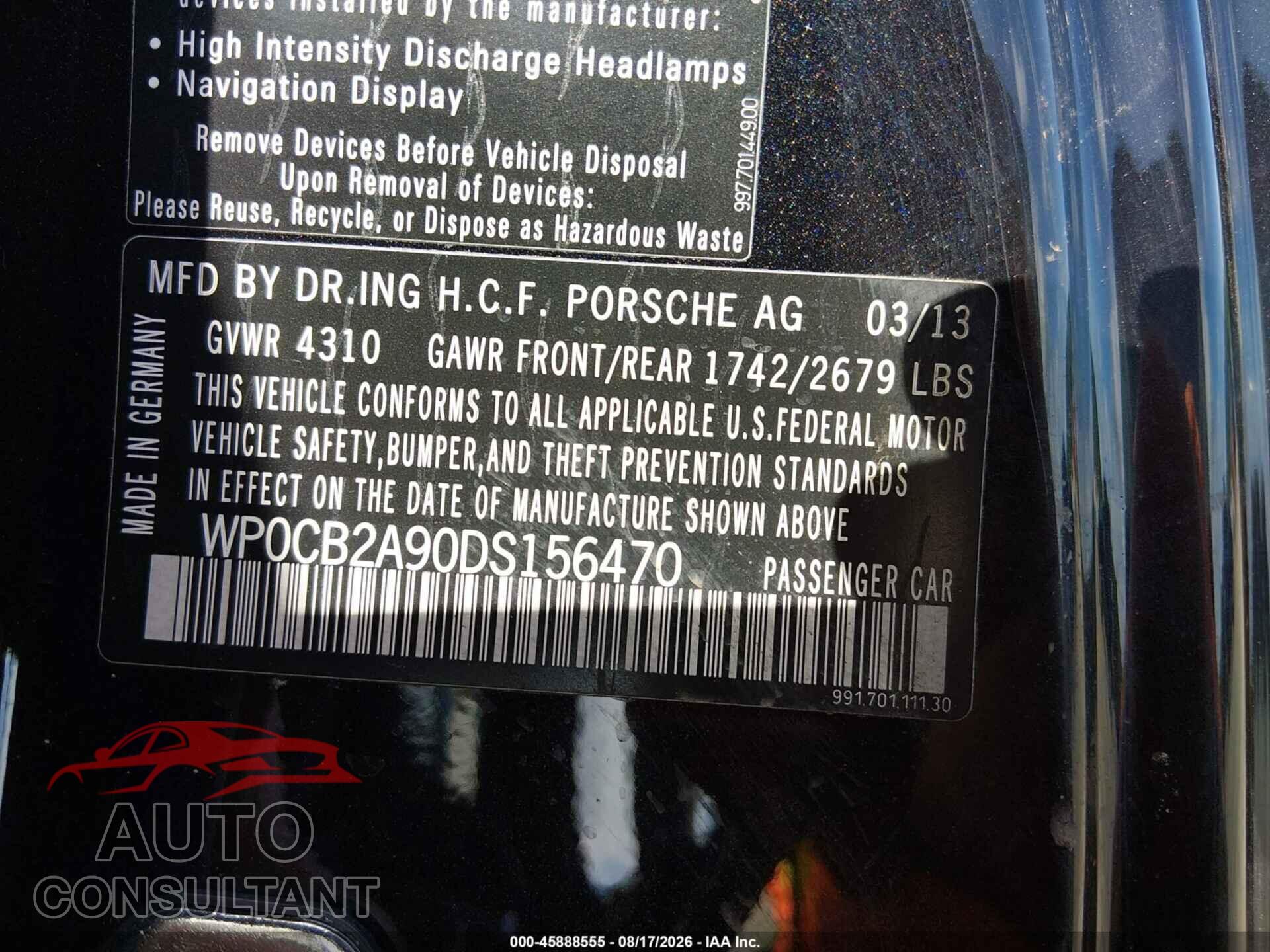PORSCHE 911 2013 - WP0CB2A90DS156470