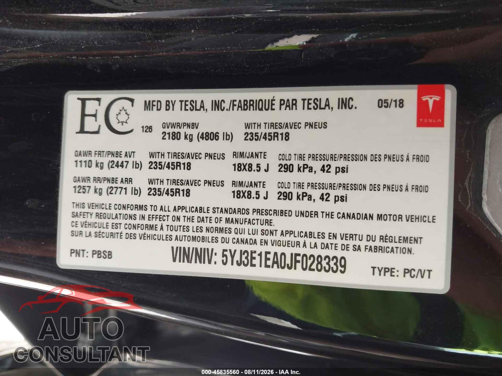 TESLA MODEL 3 2018 - 5YJ3E1EA0JF028339