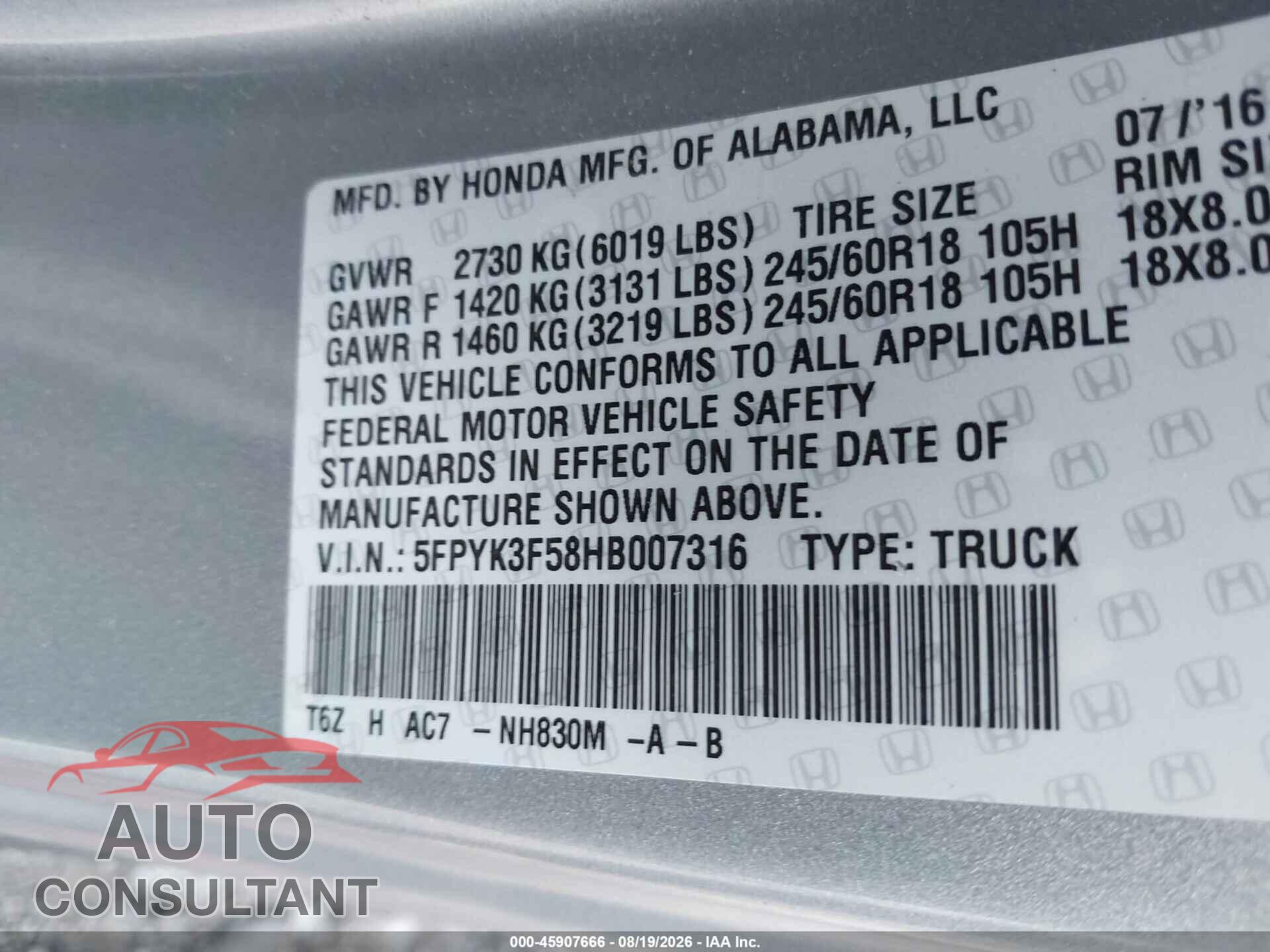 HONDA RIDGELINE 2017 - 5FPYK3F58HB007316