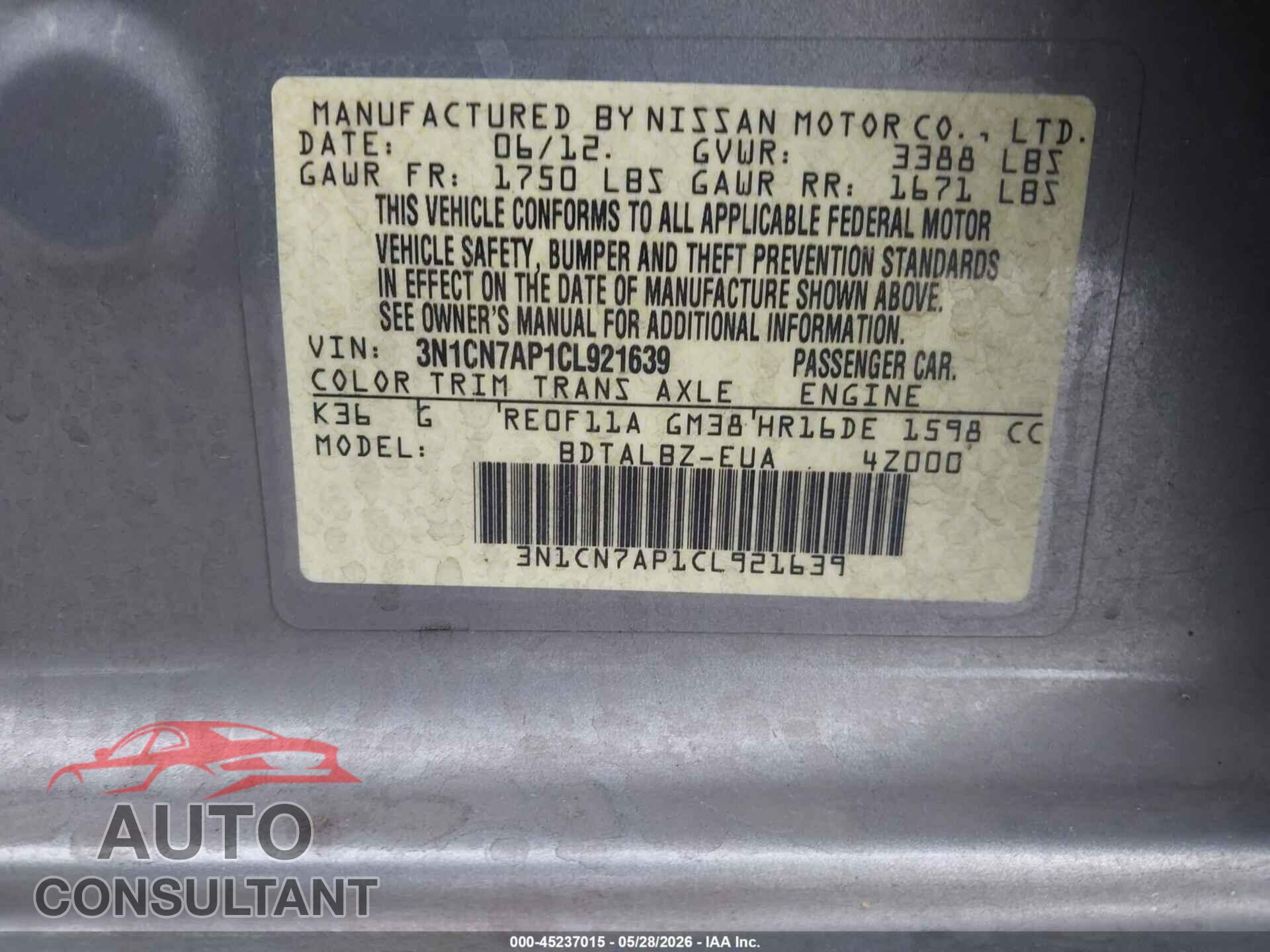 NISSAN VERSA 2012 - 3N1CN7AP1CL921639