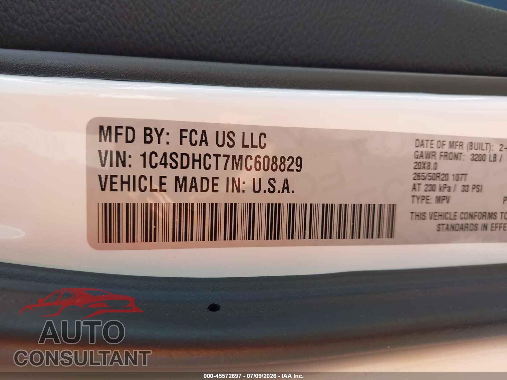 DODGE DURANGO 2021 - 1C4SDHCT7MC608829