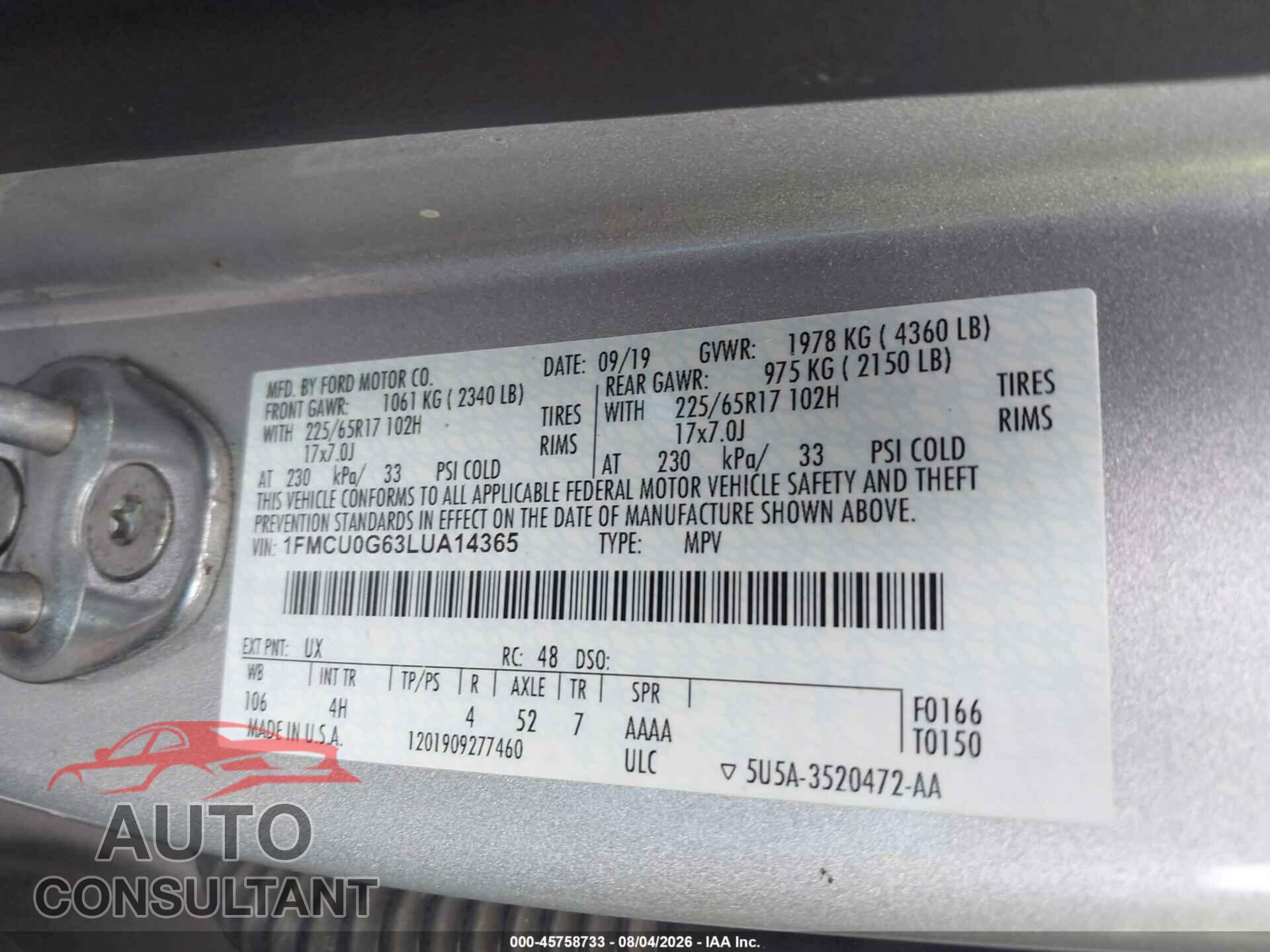 FORD ESCAPE 2020 - 1FMCU0G63LUA14365