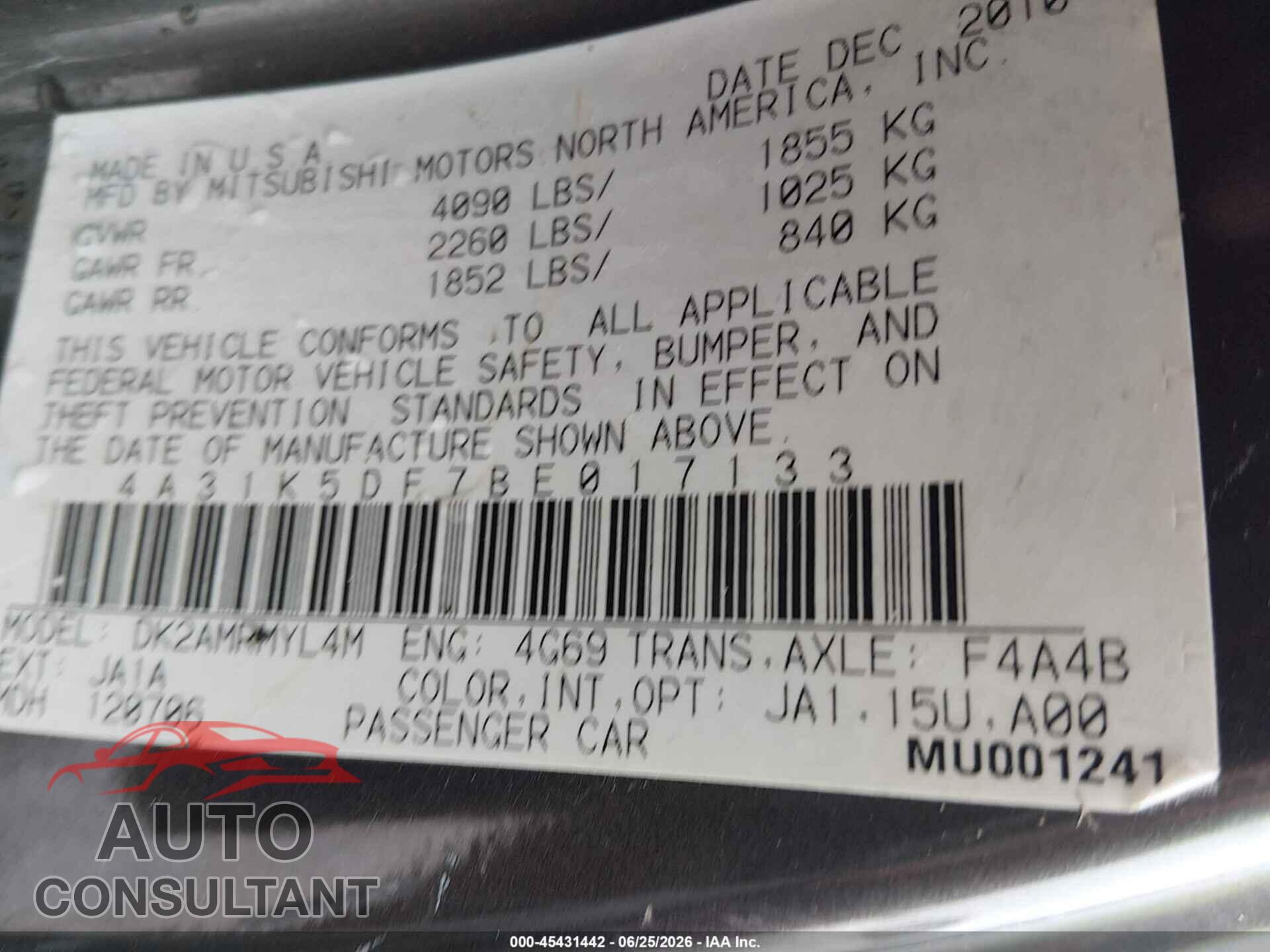MITSUBISHI ECLIPSE 2011 - 4A31K5DF7BE017133