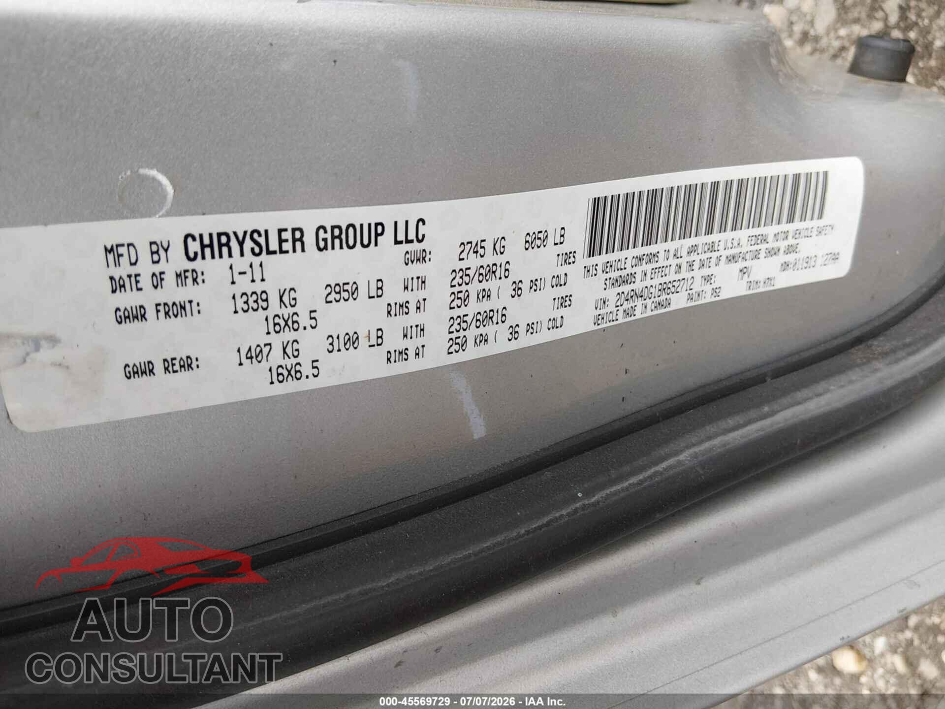 DODGE GRAND CARAVAN 2011 - 2D4RN4DG1BR652712