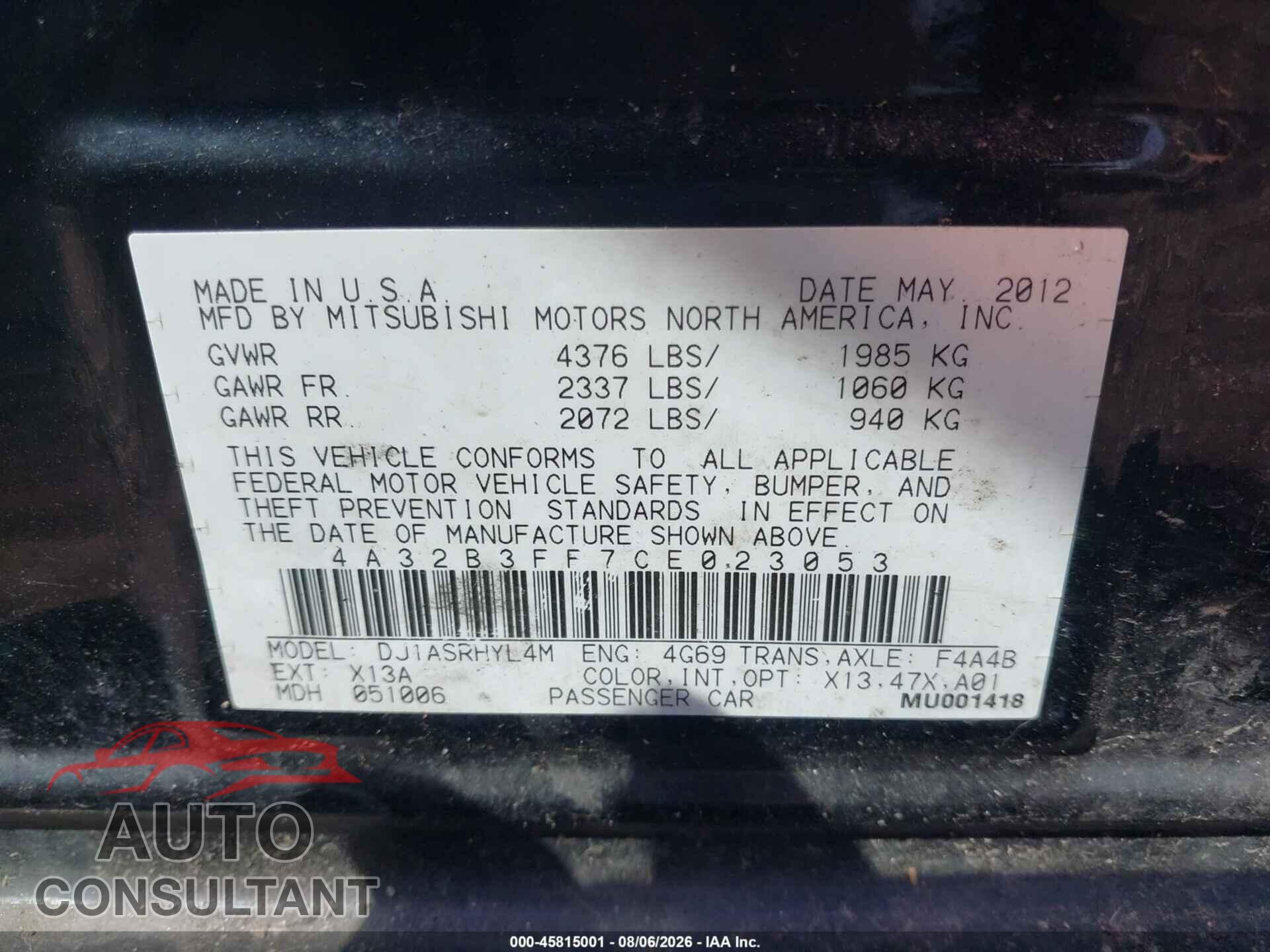 MITSUBISHI GALANT 2012 - 4A32B3FF7CE023053