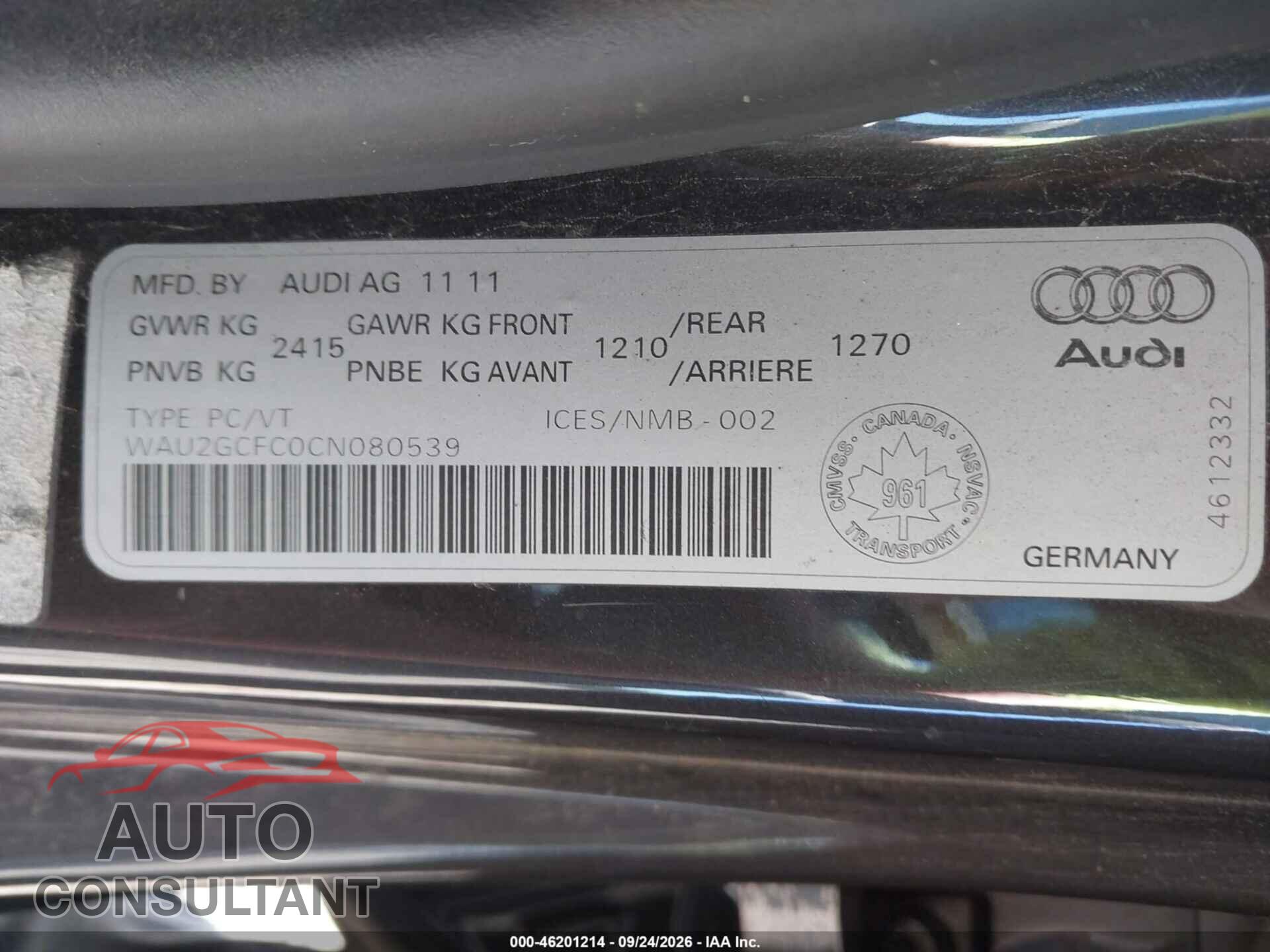 AUDI A7 2012 - WAU2GCFC0CN080539