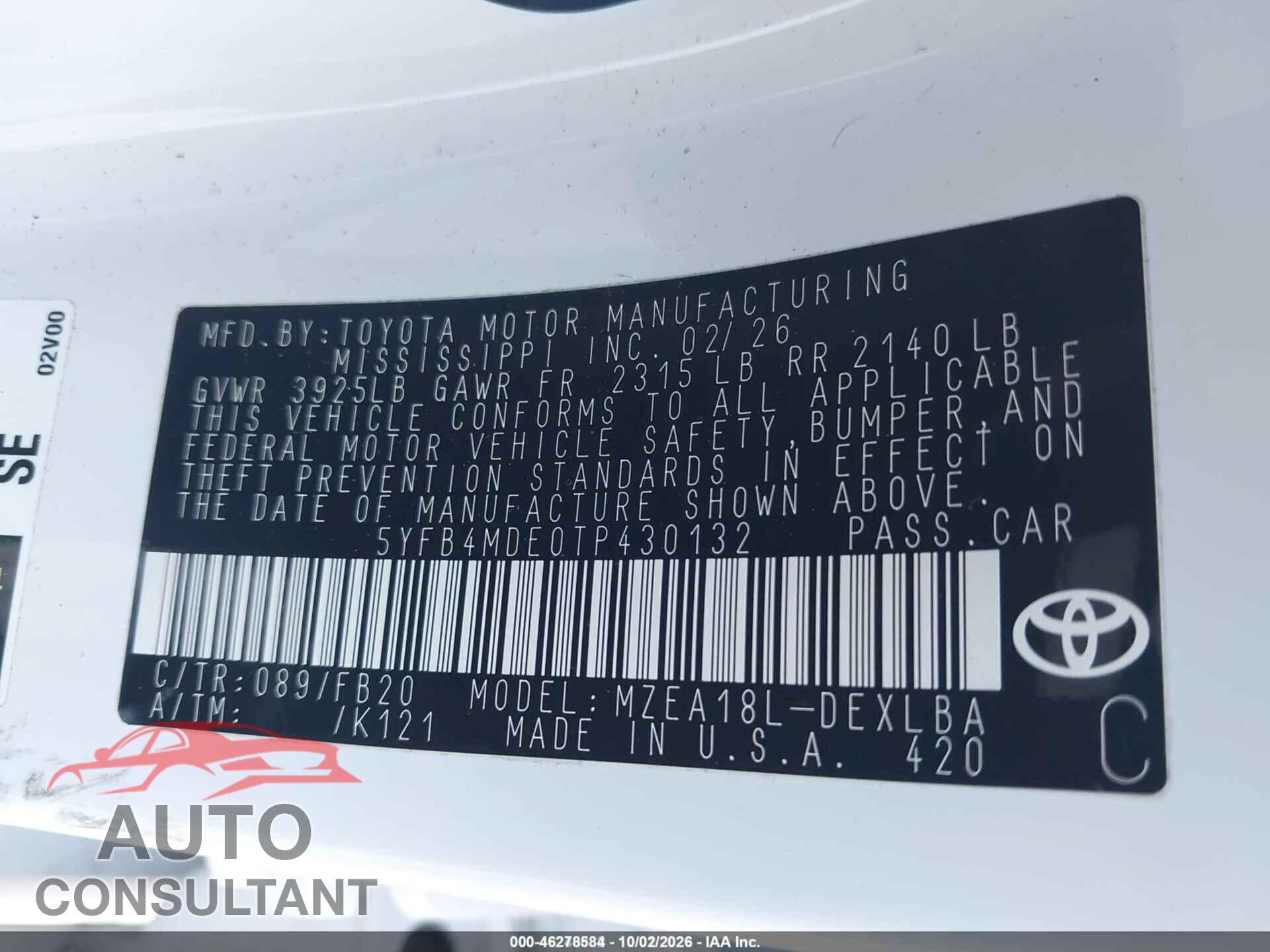 TOYOTA COROLLA 2026 - 5YFB4MDE0TP430132