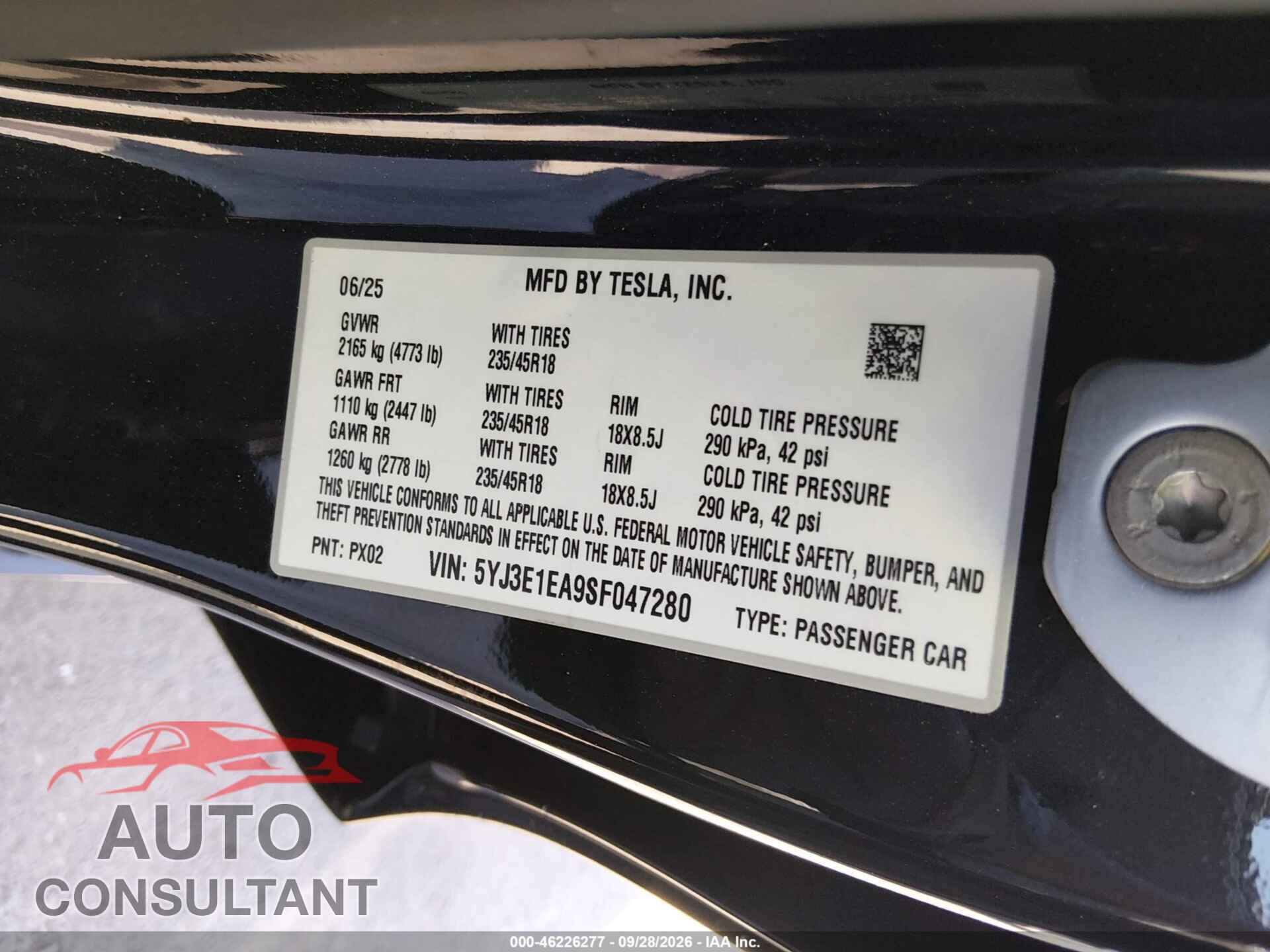 TESLA MODEL 3 2025 - 5YJ3E1EA9SF047280