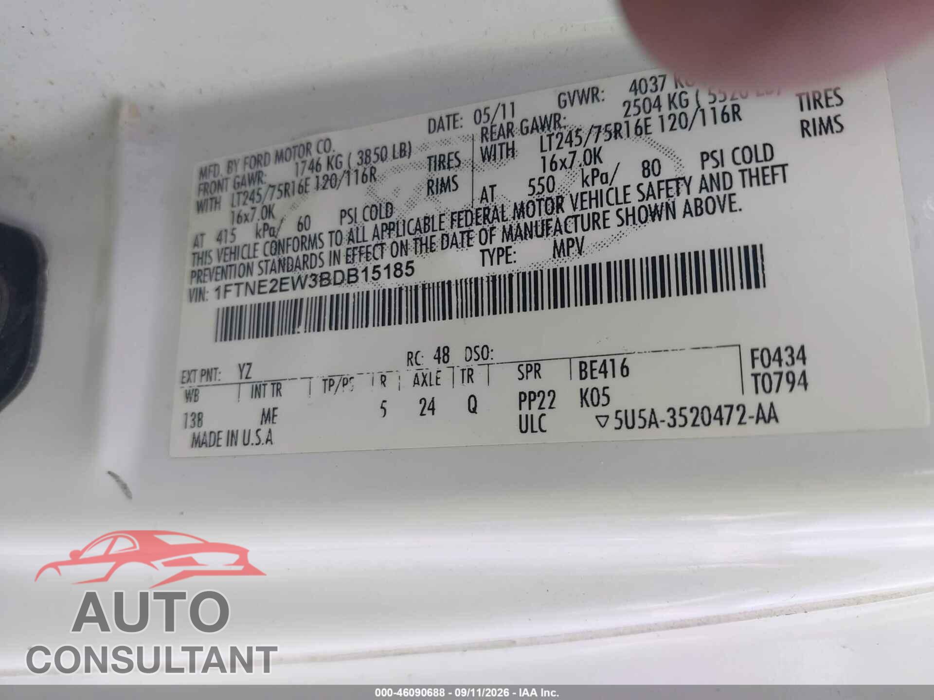 FORD E-250 2011 - 1FTNE2EW3BDB15185
