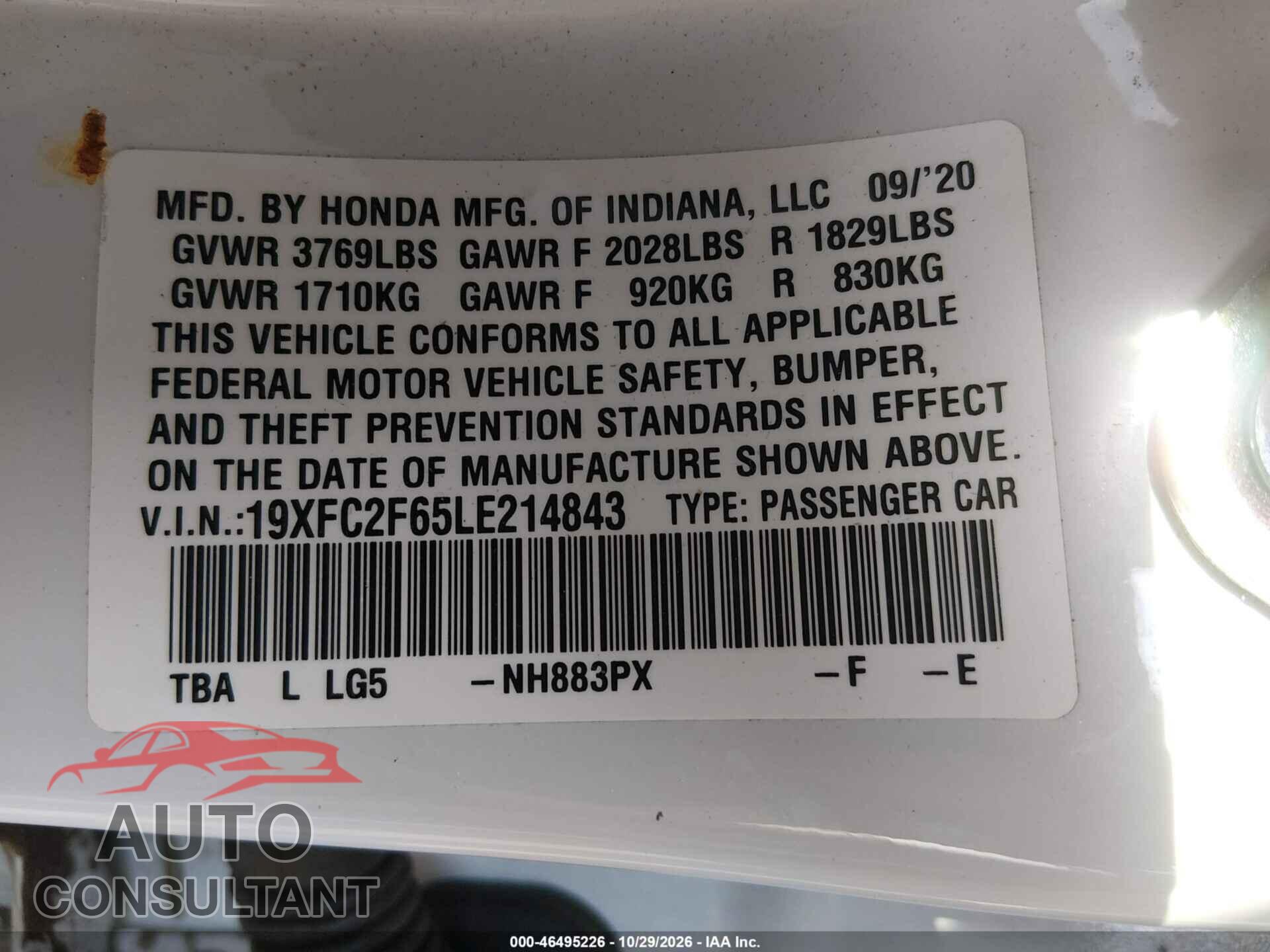 HONDA CIVIC 2020 - 19XFC2F65LE214843