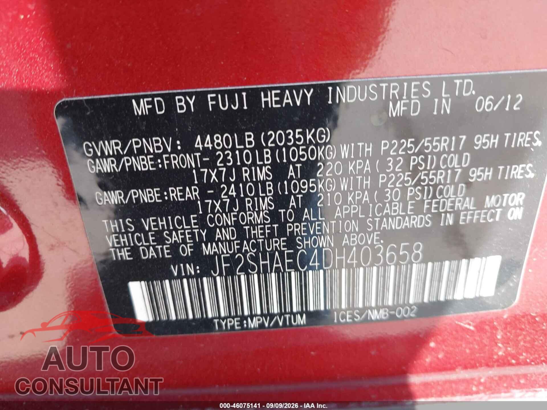 SUBARU FORESTER 2013 - JF2SHAEC4DH403658