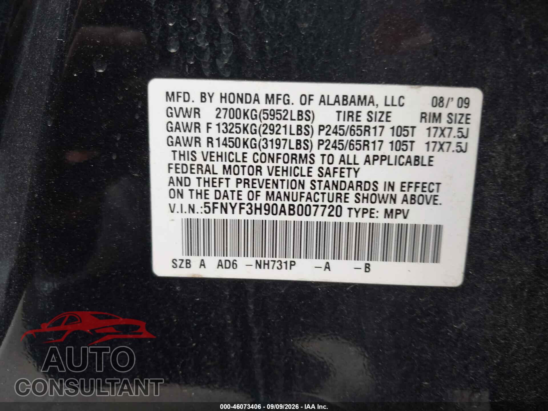 HONDA PILOT 2010 - 5FNYF3H90AB007720