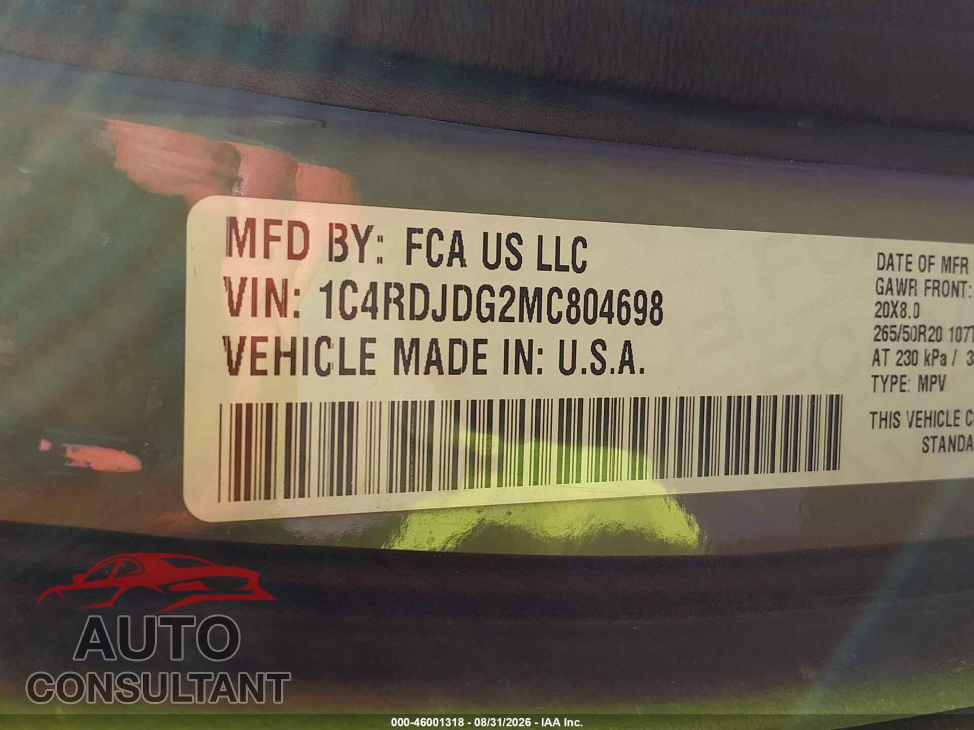 DODGE DURANGO 2021 - 1C4RDJDG2MC804698