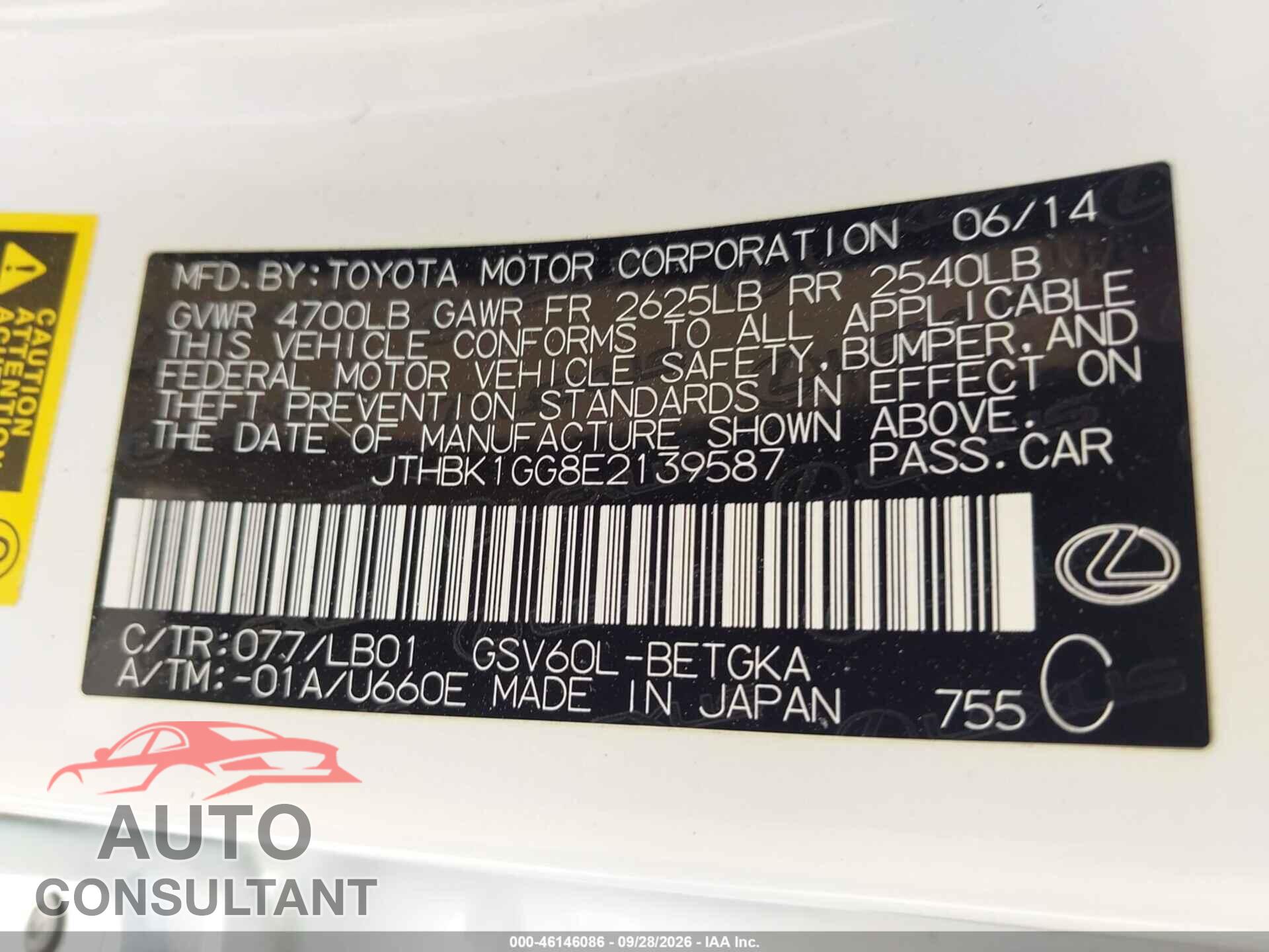 LEXUS ES 350 2014 - JTHBK1GG8E2139587