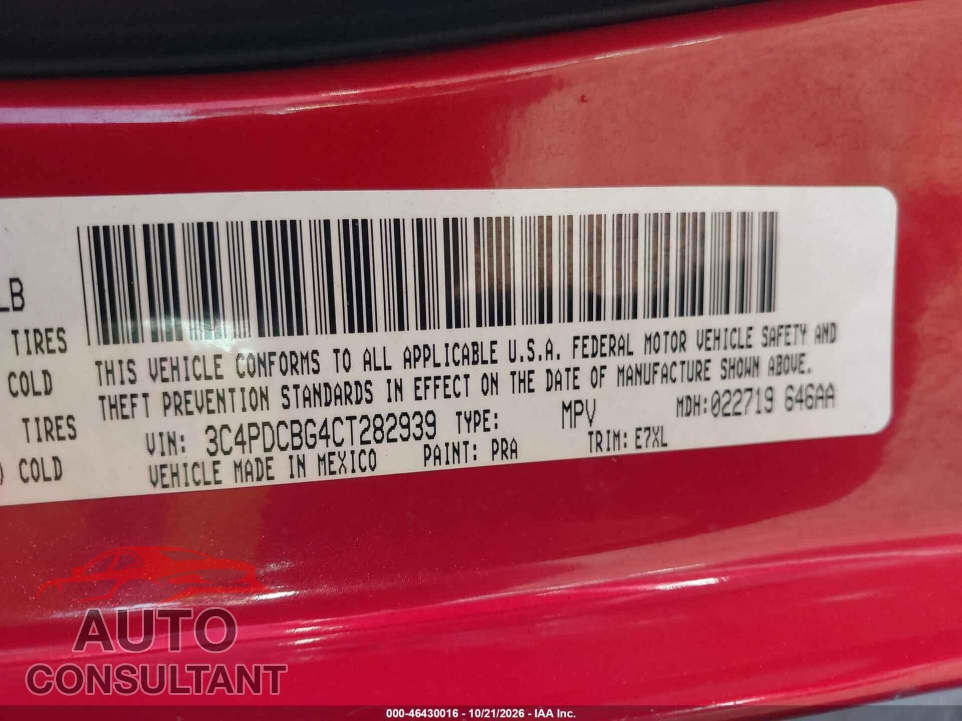 DODGE JOURNEY 2012 - 3C4PDCBG4CT282939