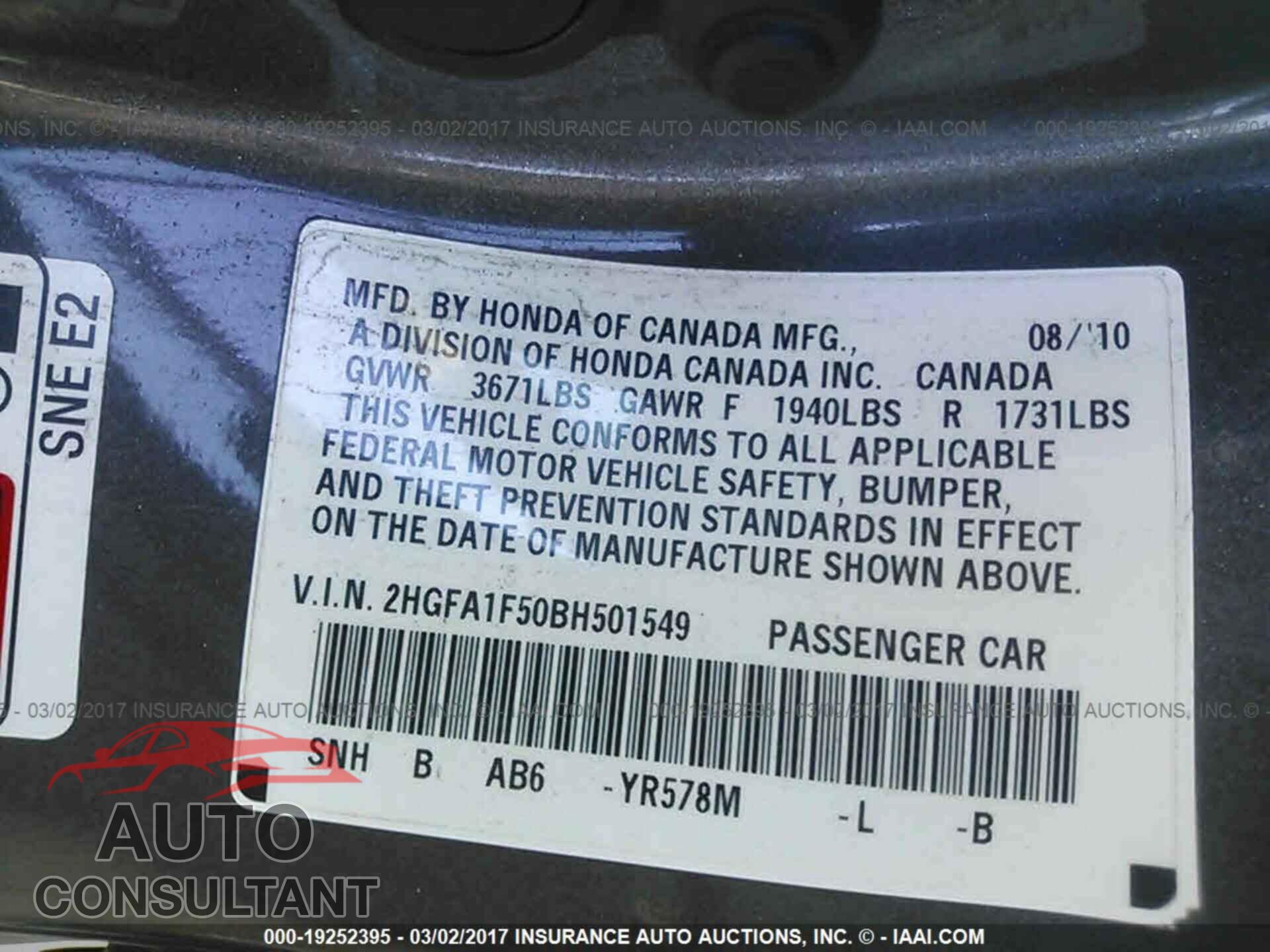 HONDA CIVIC 2011 - 2HGFA1F50BH501549