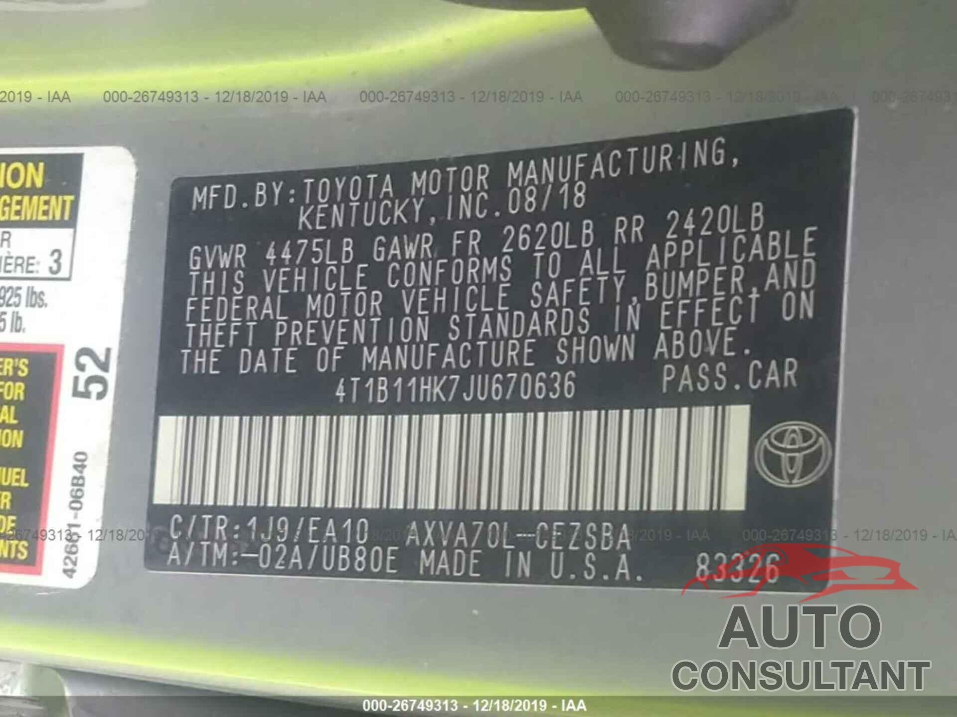 TOYOTA CAMRY 2018 - 4T1B11HK7JU670636