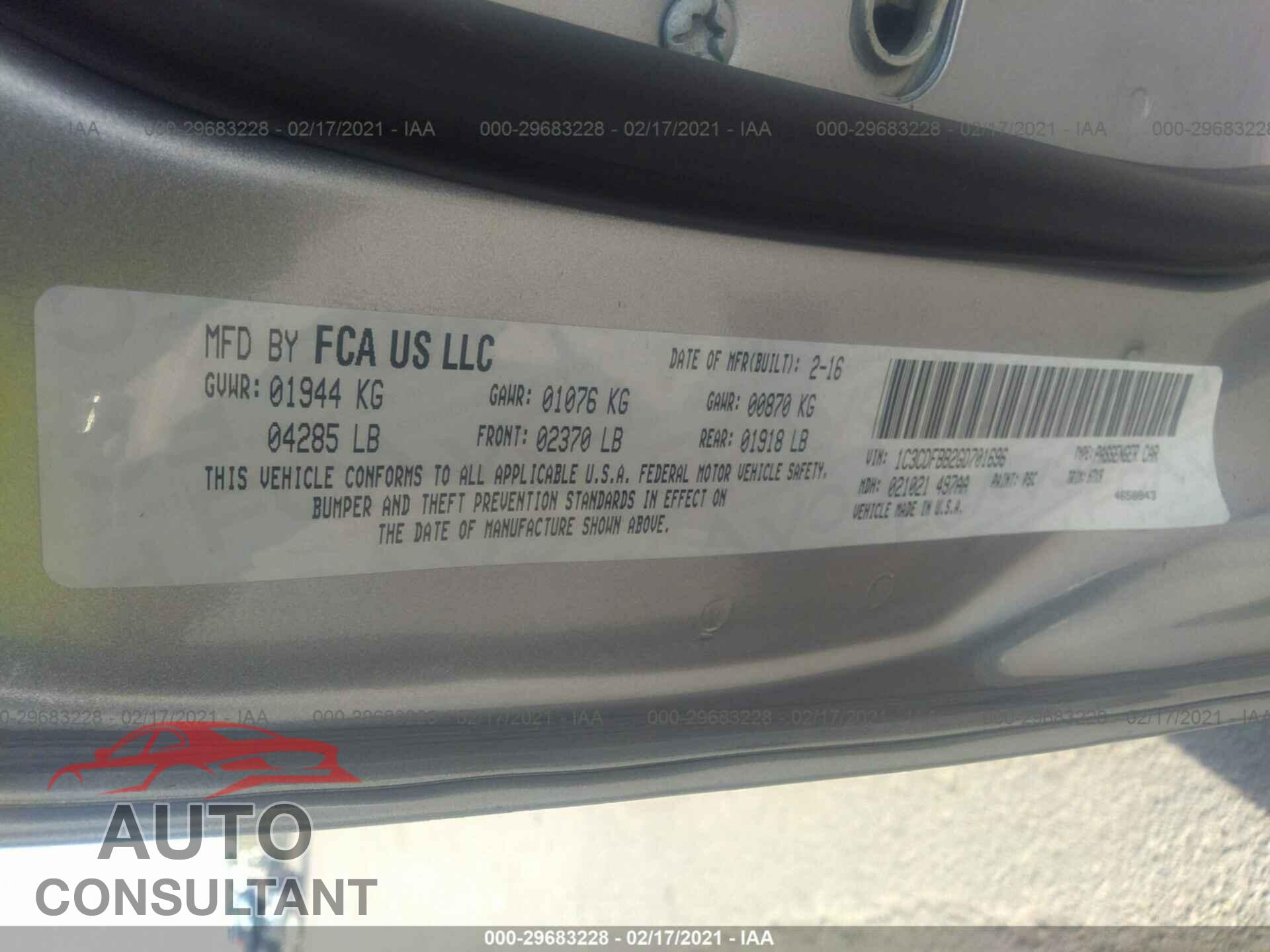 DODGE DART 2016 - 1C3CDFBB2GD701696