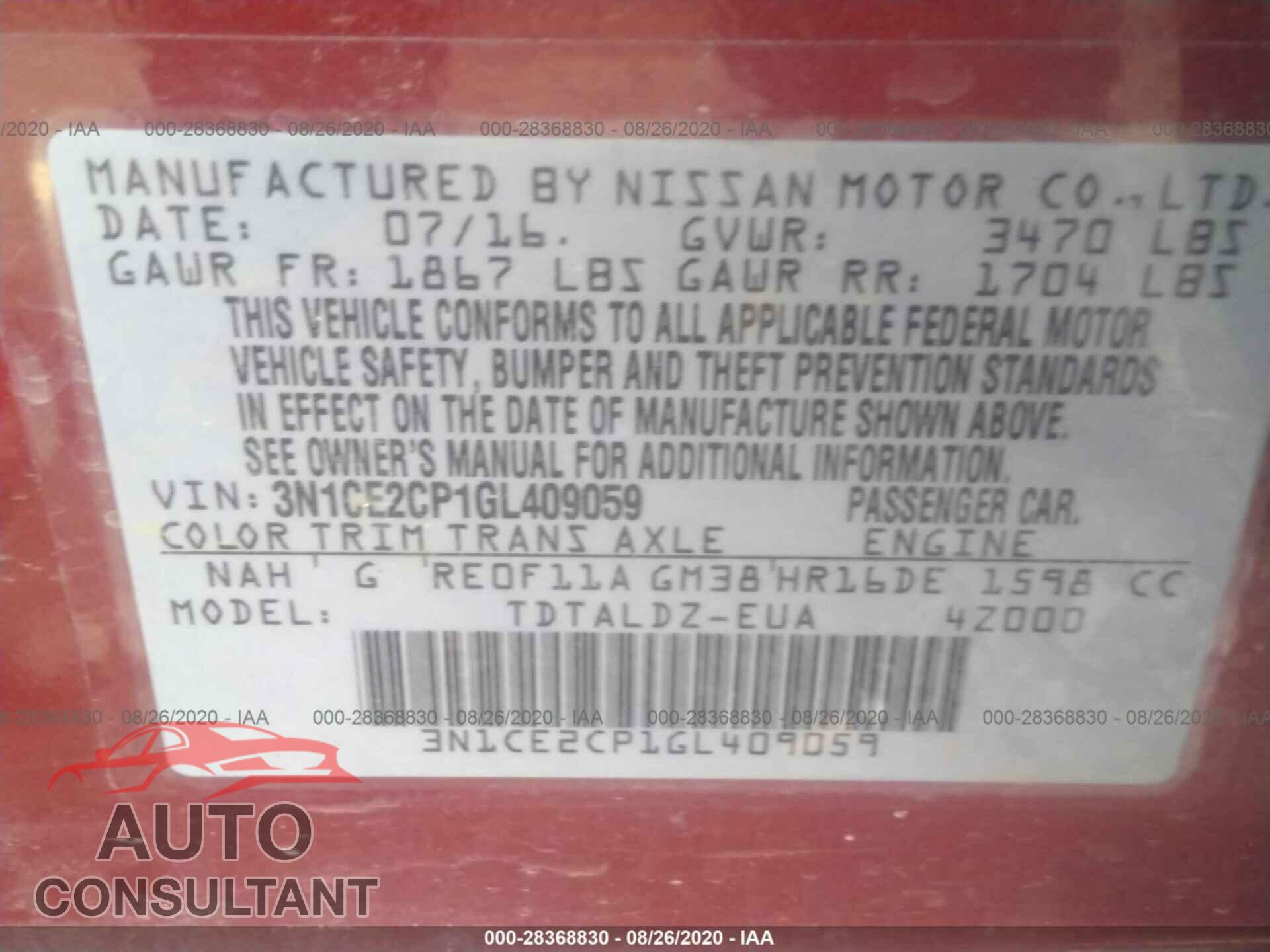NISSAN VERSA NOTE 2016 - 3N1CE2CP1GL409059
