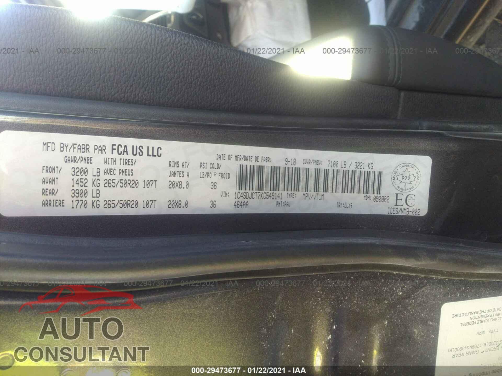 DODGE DURANGO 2019 - 1C4SDJCT7KC549141