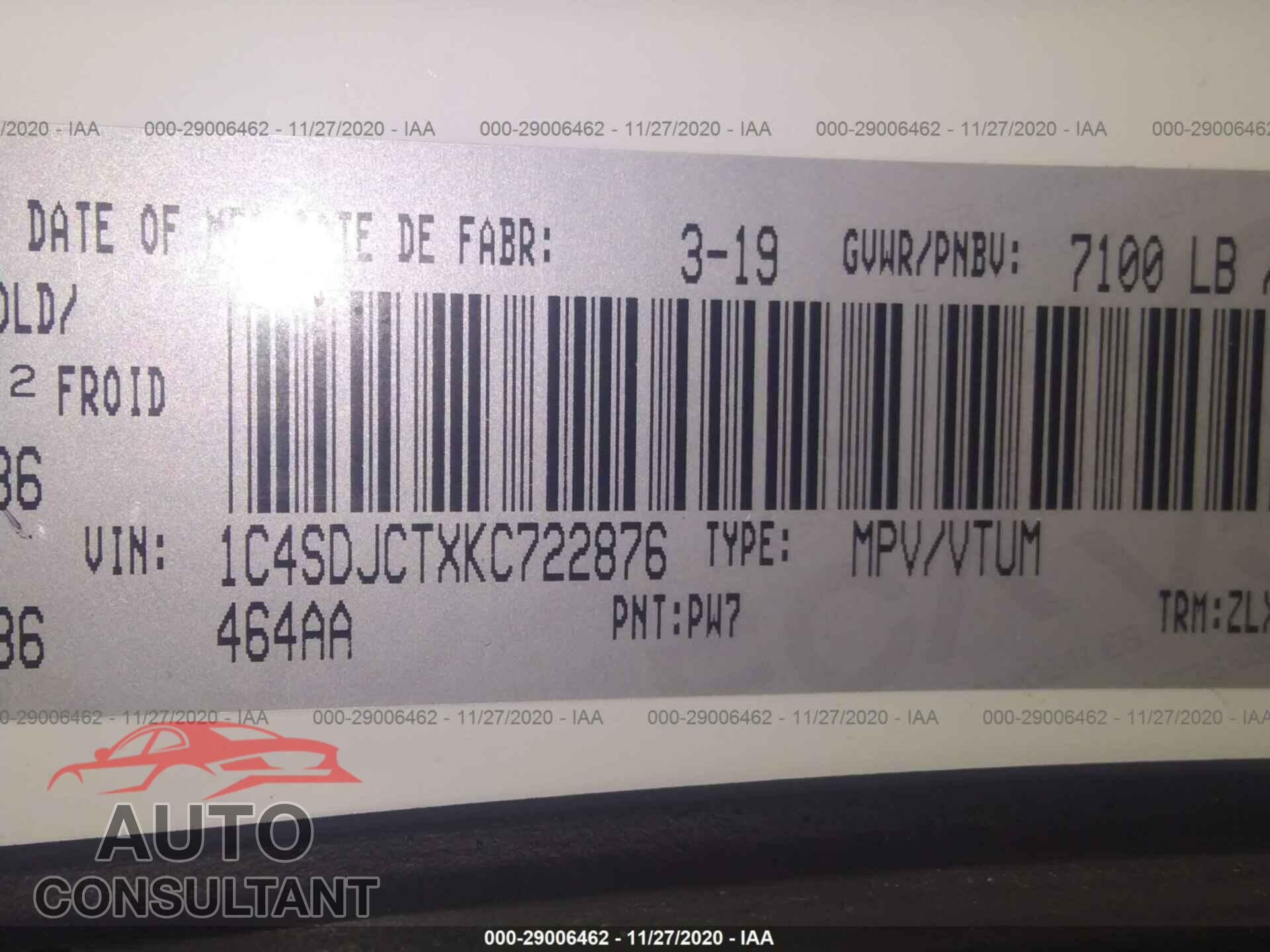 DODGE DURANGO 2019 - 1C4SDJCTXKC722876