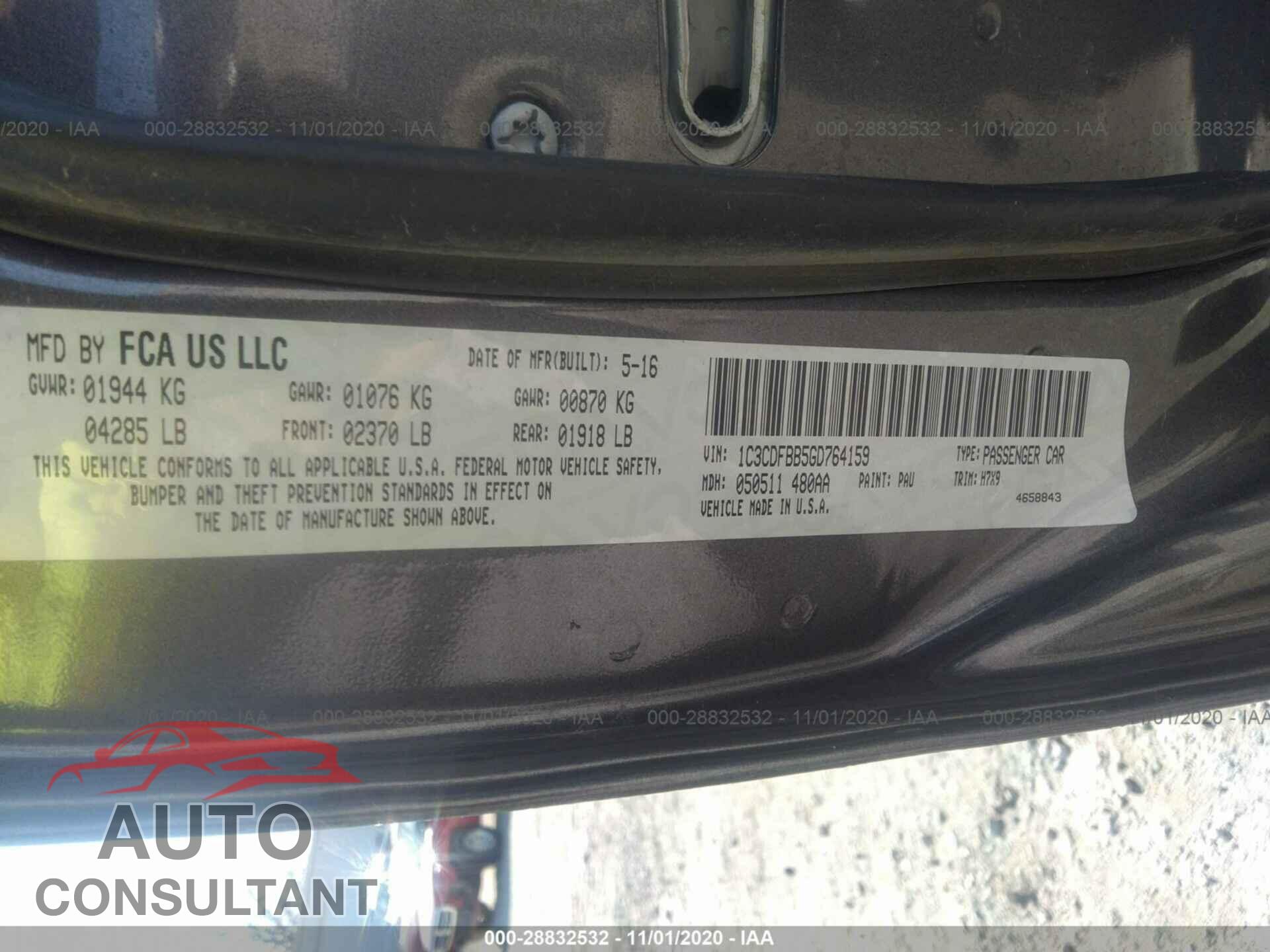 DODGE DART 2016 - 1C3CDFBB5GD764159