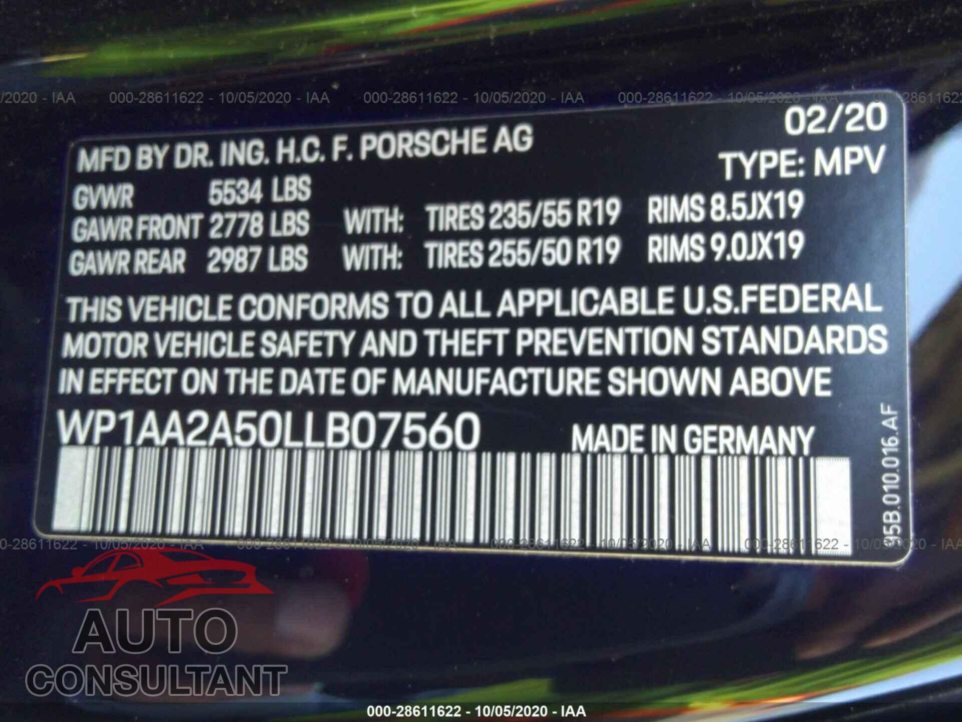 PORSCHE MACAN 2020 - WP1AA2A50LLB07560