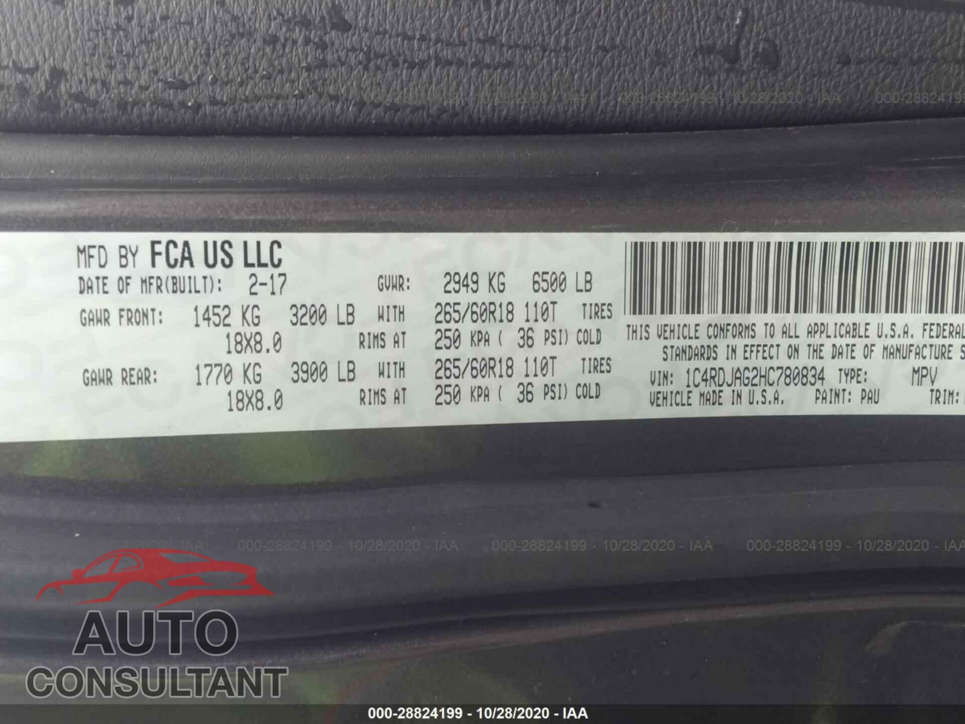 DODGE DURANGO 2017 - 1C4RDJAG2HC780834