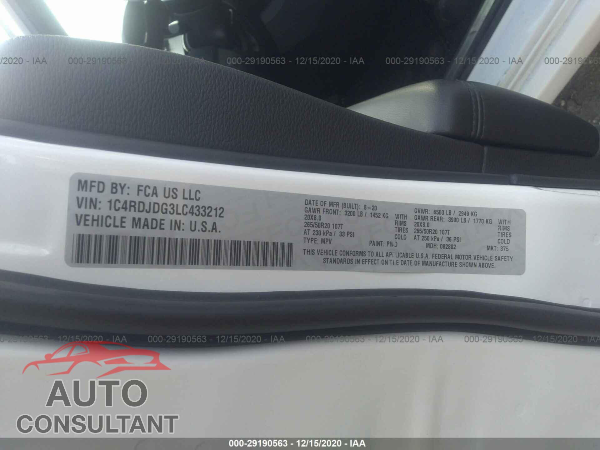 DODGE DURANGO 2020 - 1C4RDJDG3LC433212