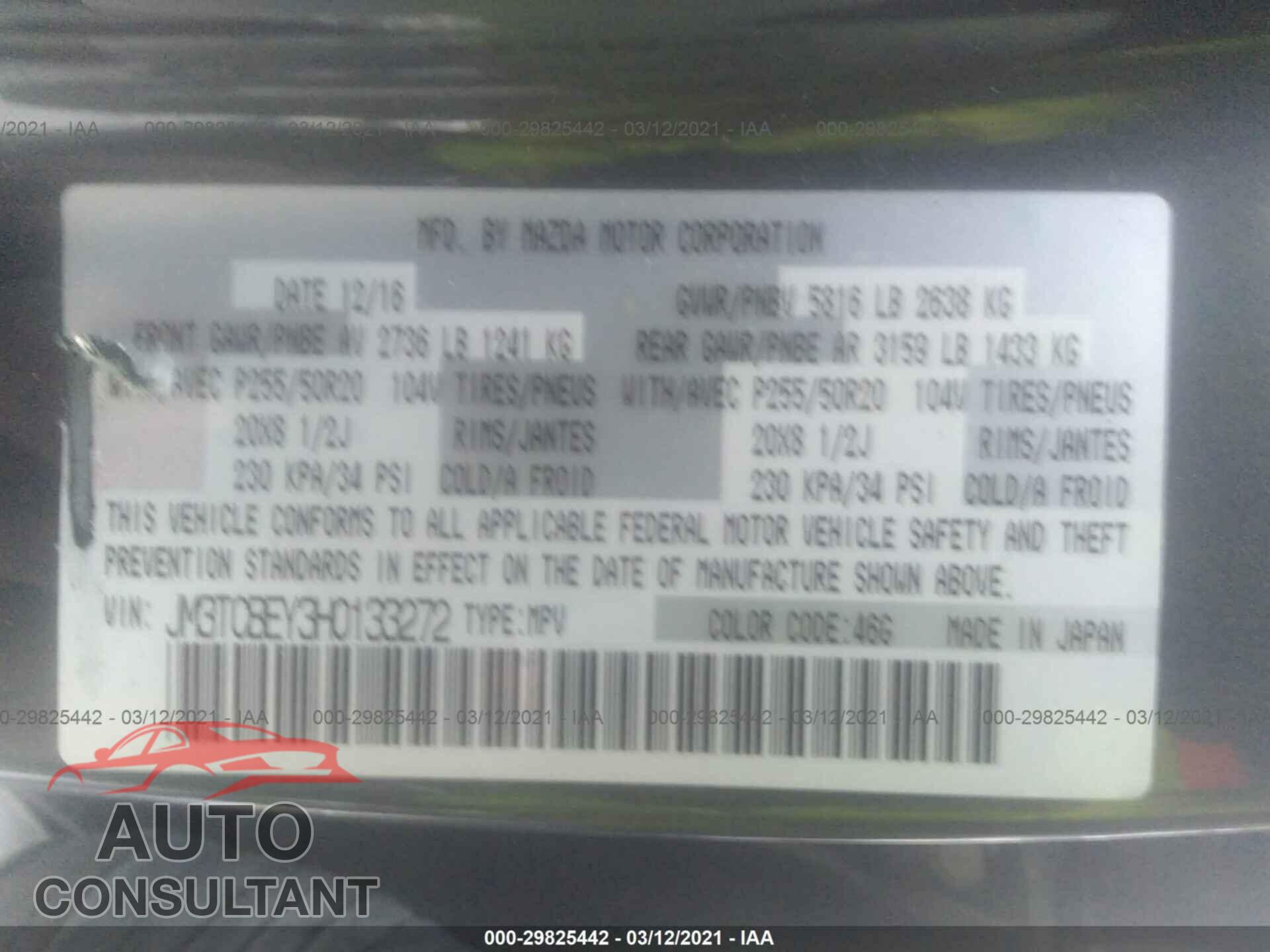 MAZDA CX-9 2017 - JM3TCBEY3H0133272