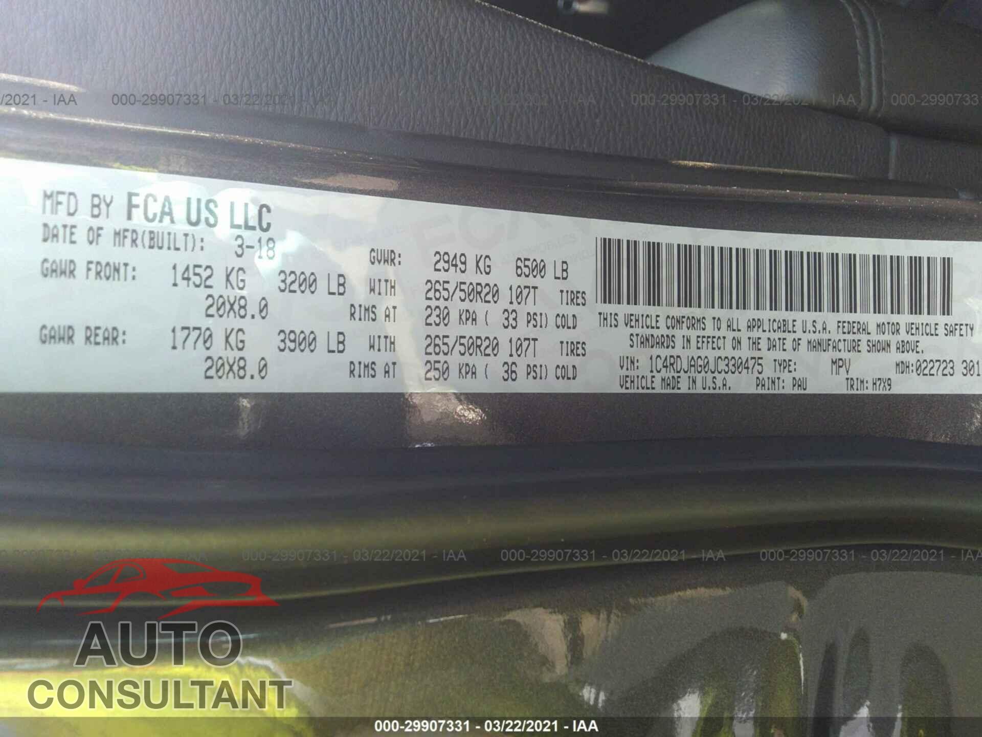 DODGE DURANGO 2018 - 1C4RDJAG0JC330475
