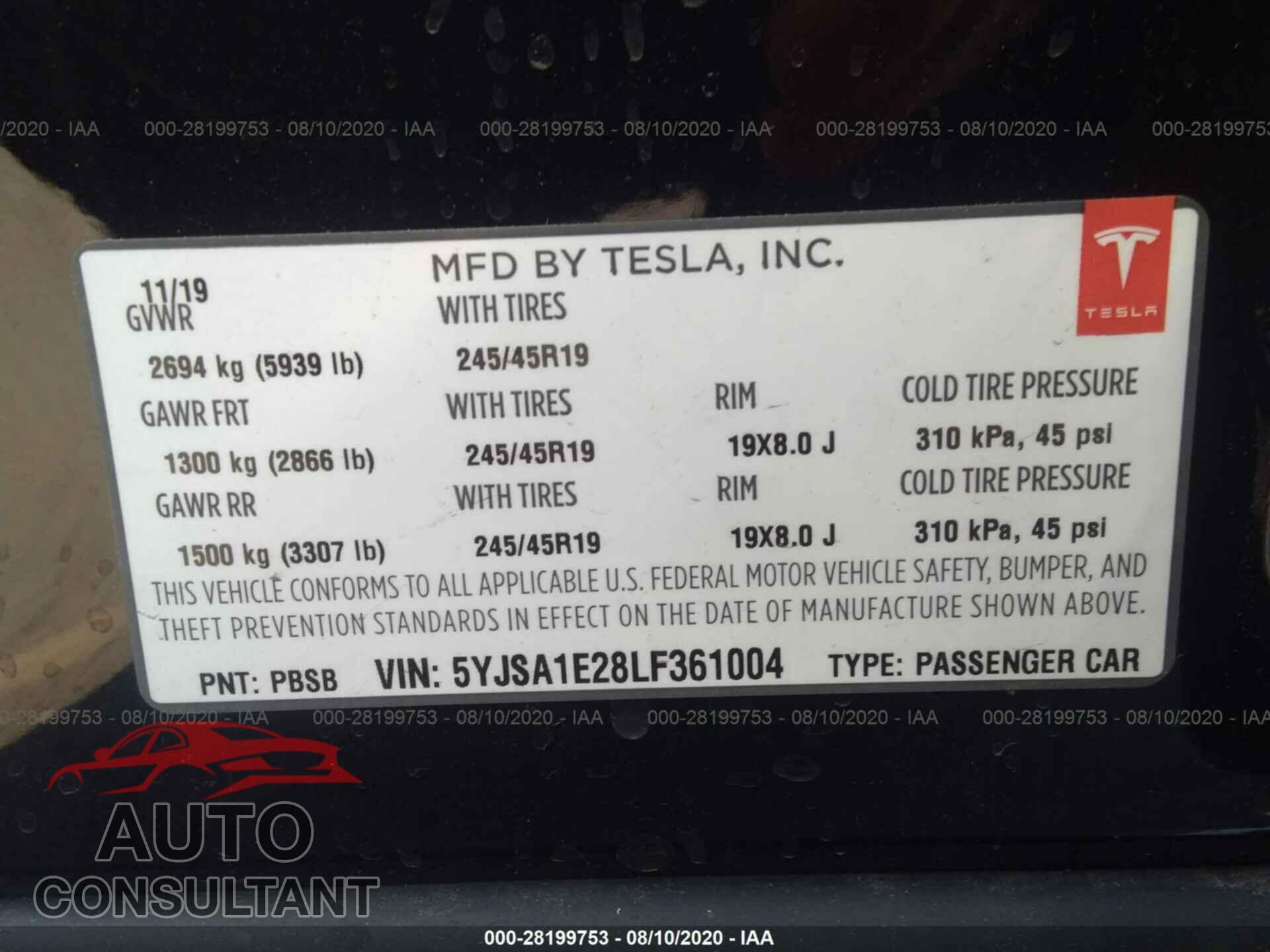 TESLA MODEL S 2020 - 5YJSA1E28LF361004