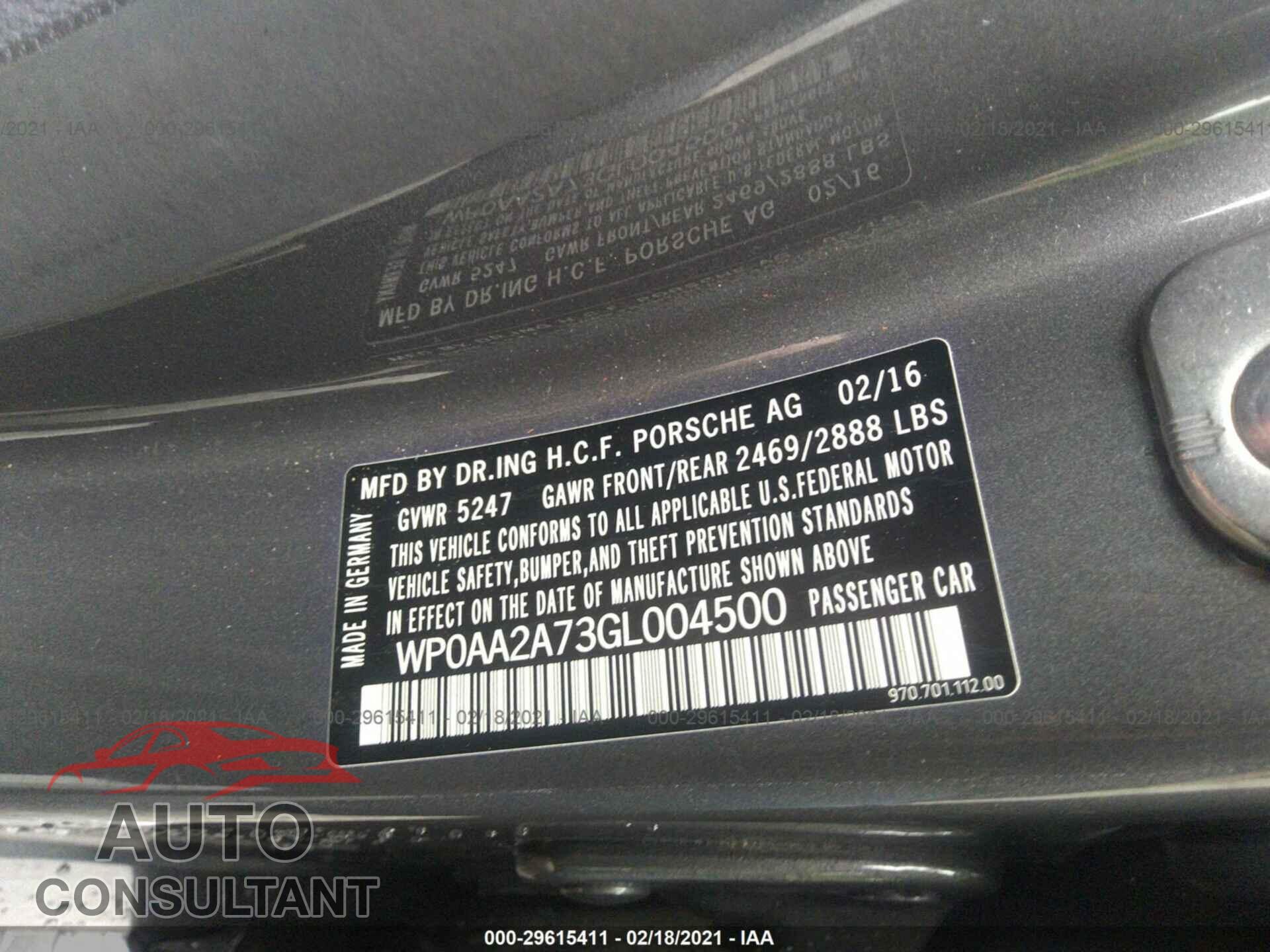 PORSCHE PANAMERA 2016 - WP0AA2A73GL004500