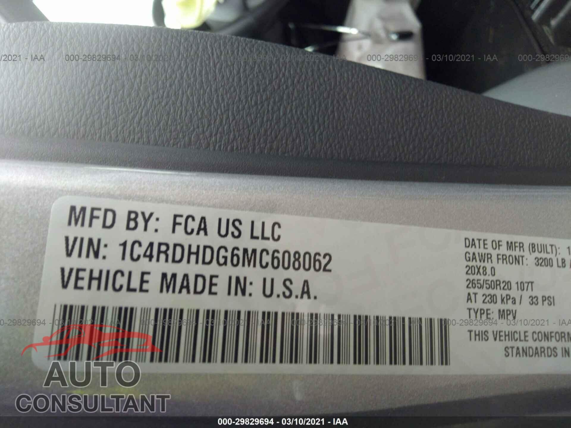 DODGE DURANGO 2021 - 1C4RDHDG6MC608062