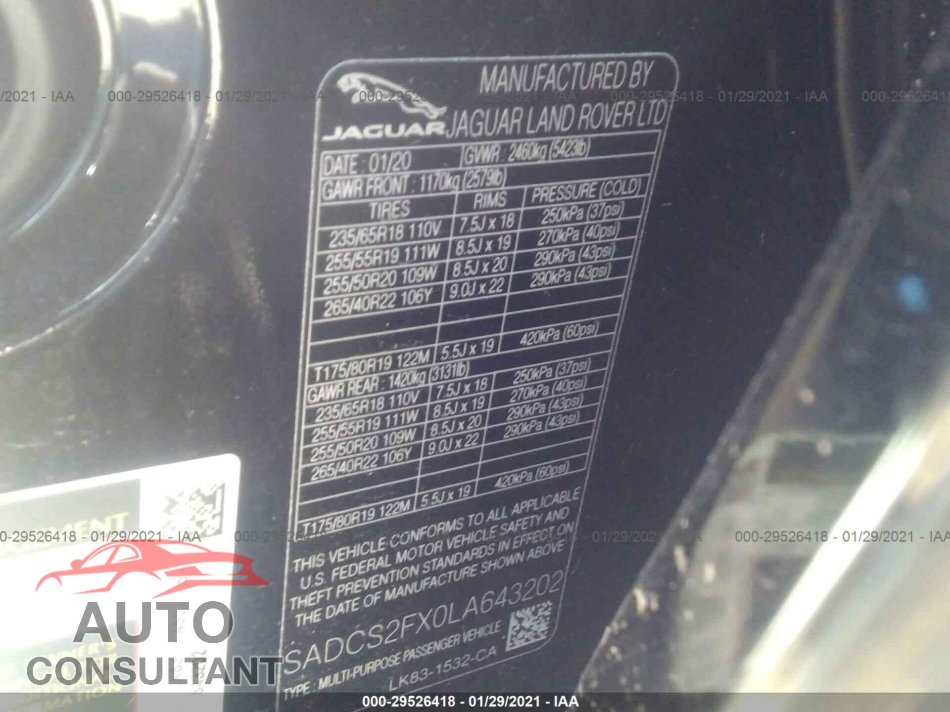JAGUAR F-PACE 2020 - SADCS2FX0LA643202
