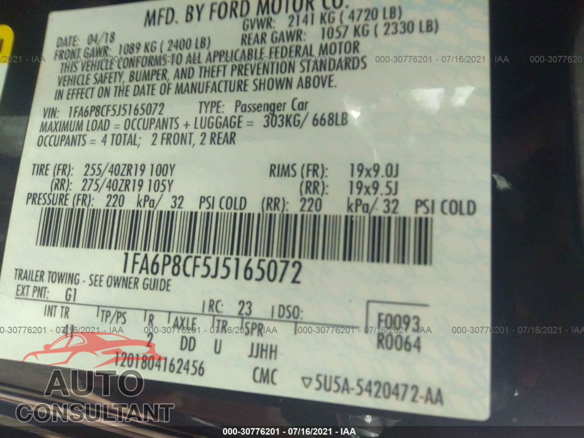 FORD MUSTANG 2018 - 1FA6P8CF5J5165072