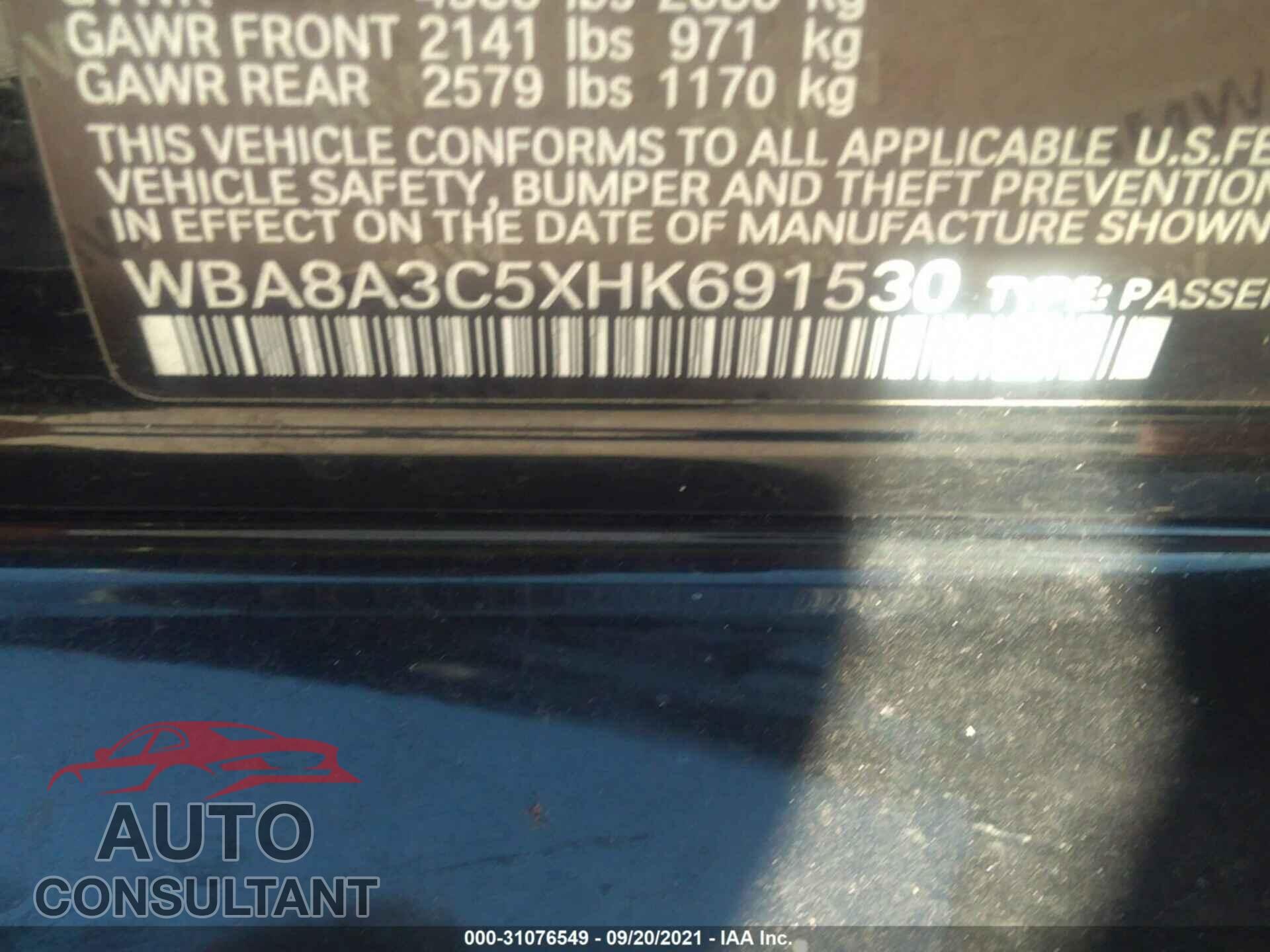 BMW 3 SERIES 2017 - WBA8A3C5XHK691530