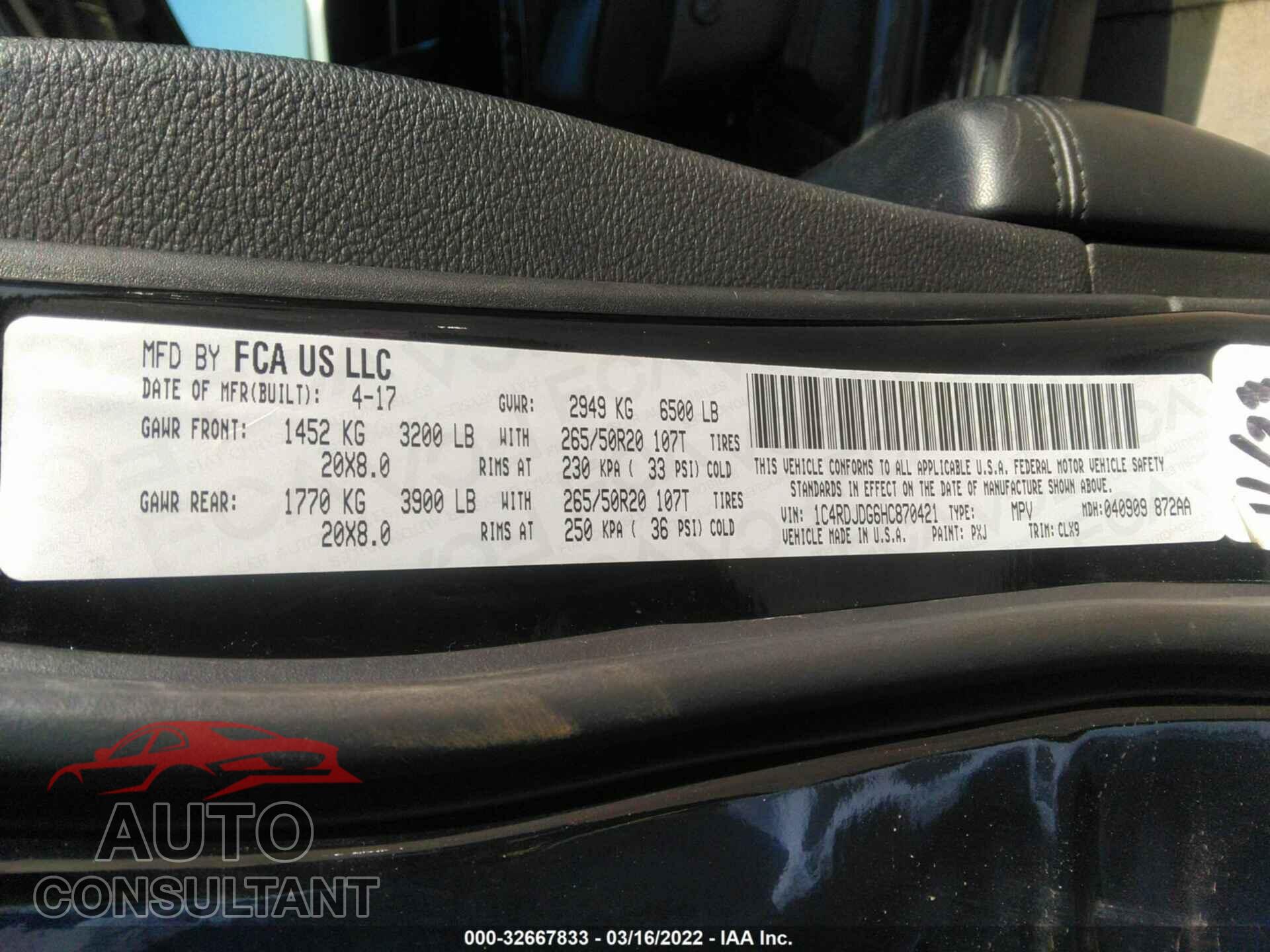 DODGE DURANGO 2017 - 1C4RDJDG6HC870421