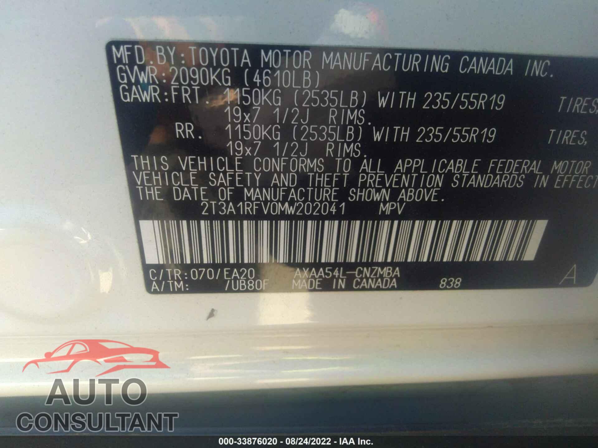 TOYOTA RAV4 2021 - 2T3A1RFV0MW202041