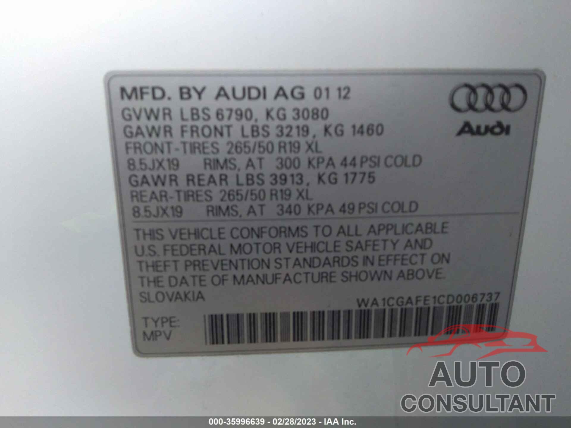 AUDI Q7 2012 - WA1CGAFE1CD006737