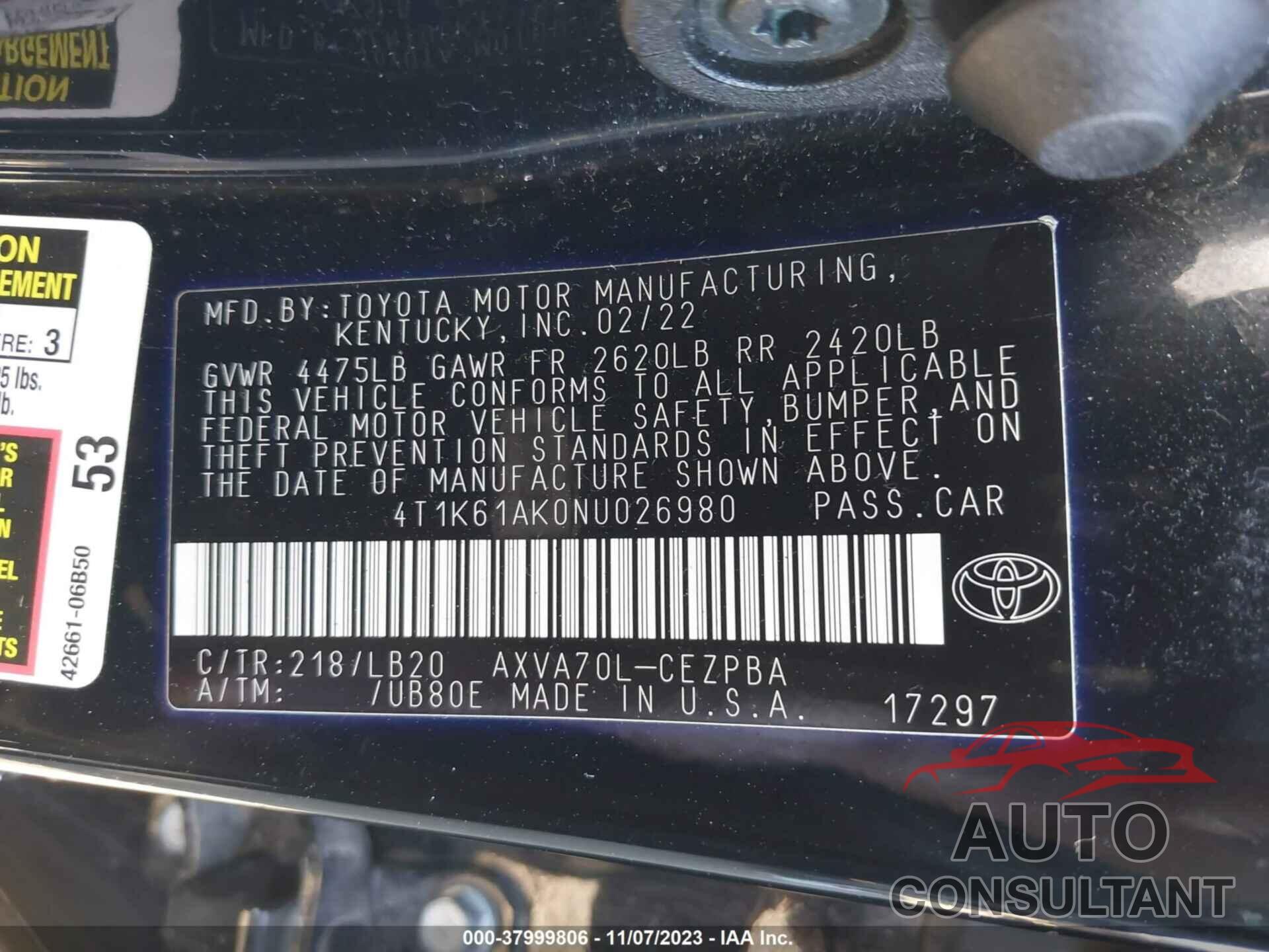 TOYOTA CAMRY 2022 - 4T1K61AK0NU026980