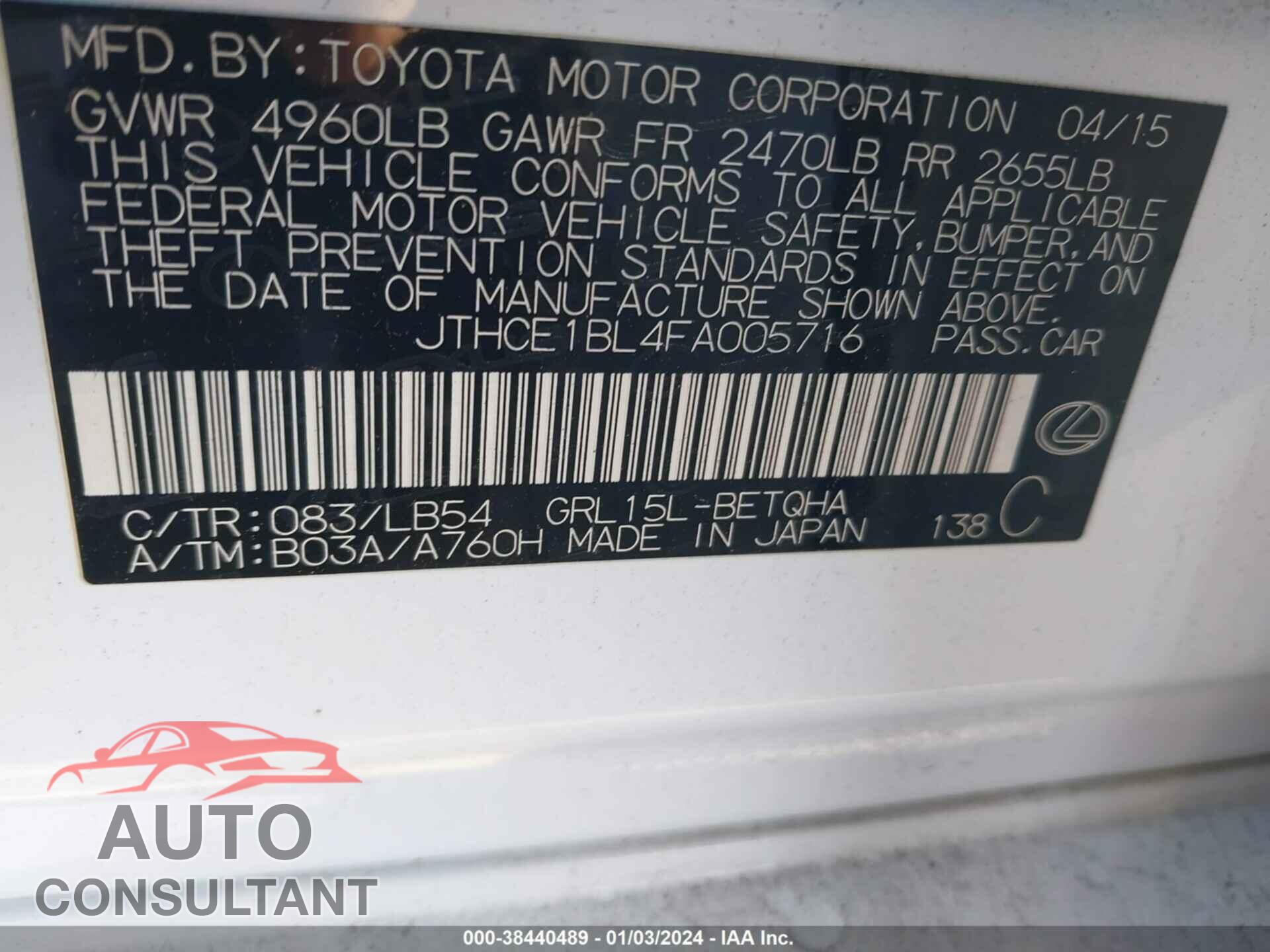 LEXUS GS 350 2015 - JTHCE1BL4FA005716