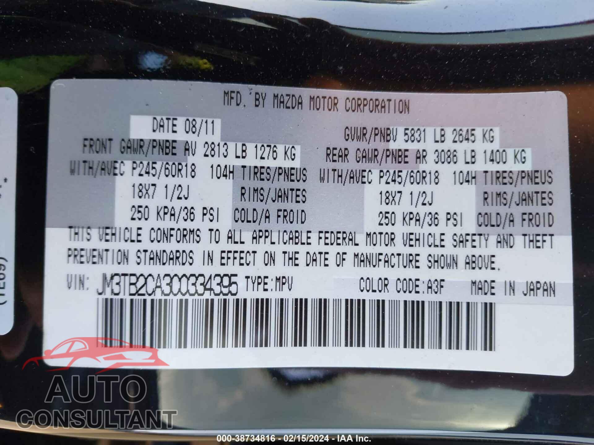 MAZDA CX-9 2012 - JM3TB2CA3C0334395