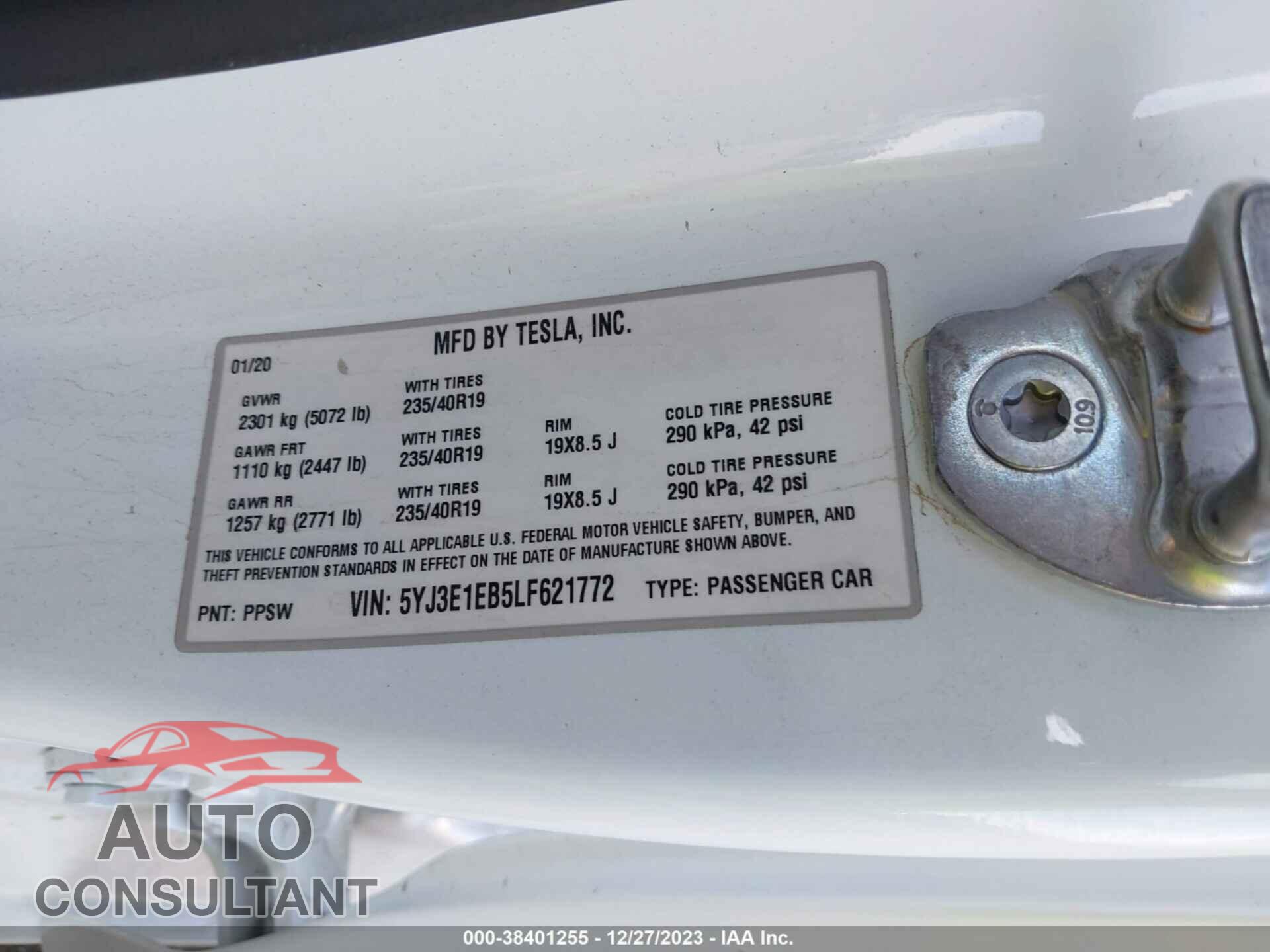 TESLA MODEL 3 2020 - 5YJ3E1EB5LF621772