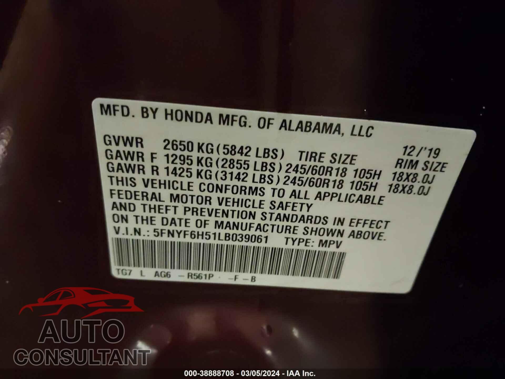 HONDA PILOT 2020 - 5FNYF6H51LB039061