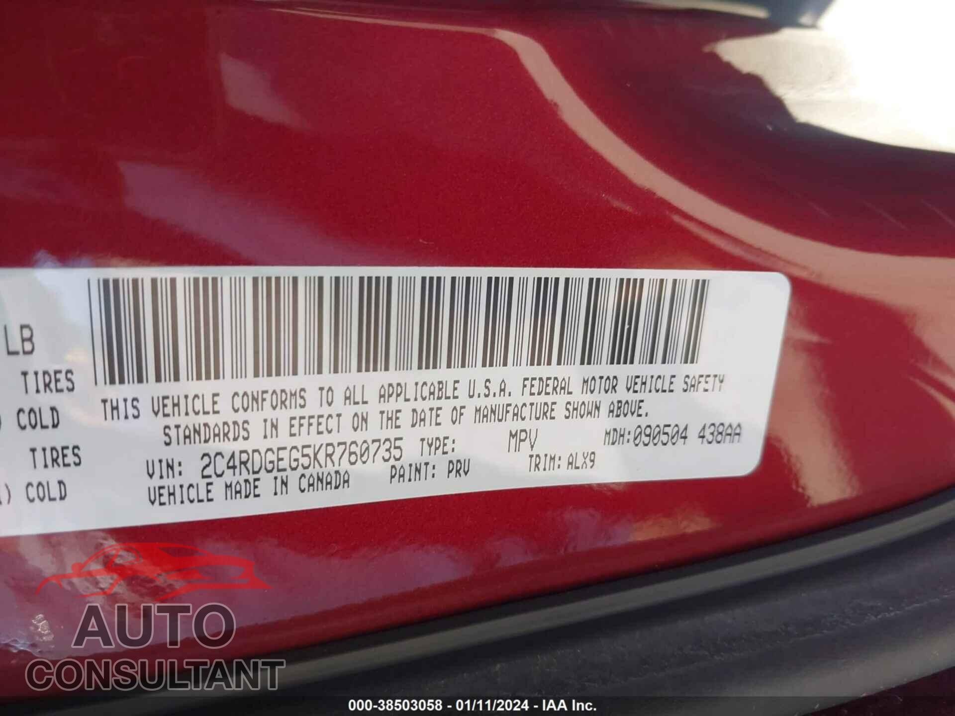DODGE GRAND CARAVAN 2019 - 2C4RDGEG5KR760735
