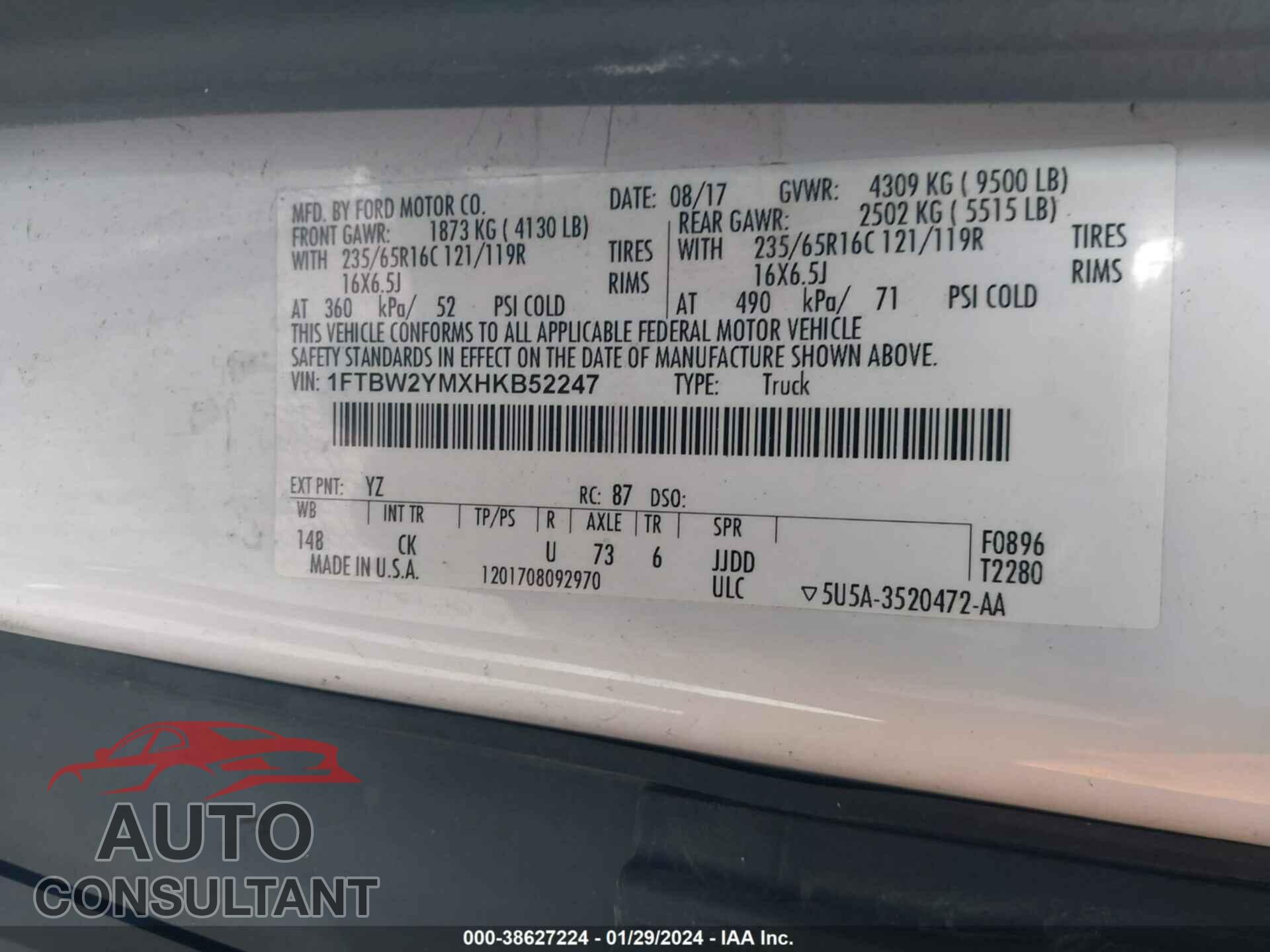 FORD TRANSIT-350 2017 - 1FTBW2YMXHKB52247