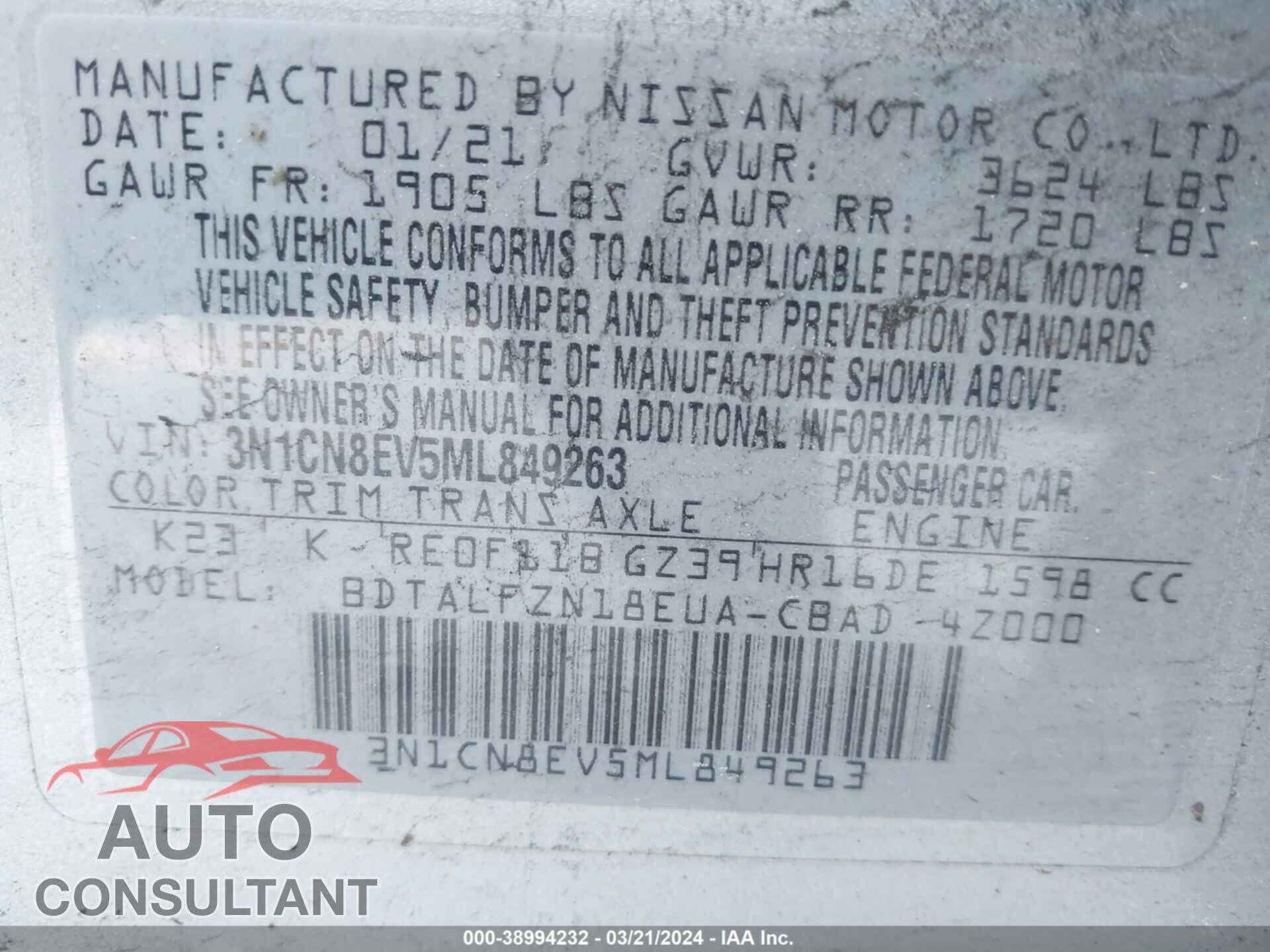 NISSAN VERSA 2021 - 3N1CN8EV5ML849263