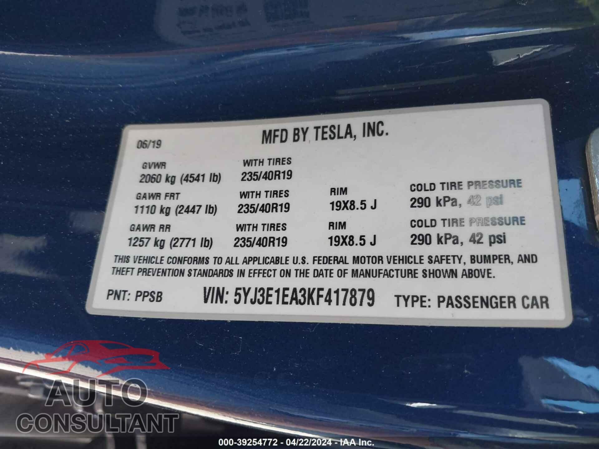 TESLA MODEL 3 2019 - 5YJ3E1EA3KF417879
